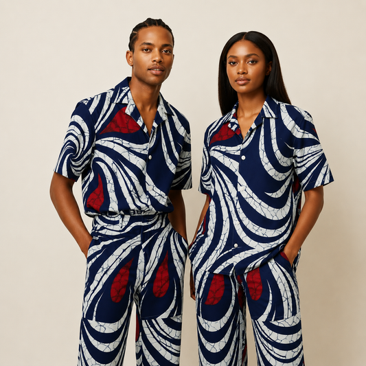 A man and a woman modeling matching short-sleeve button-up shirts and trousers sets with a bold navy blue, white, and red abstract pattern against a plain beige background.
