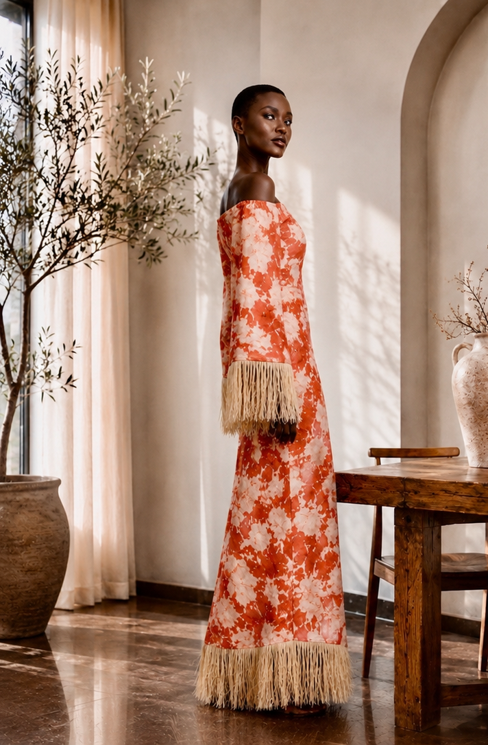 ASAKE-OGE | Solara Fringe Gown | Off-Shoulder Couture Column Dress | PRE ORDER