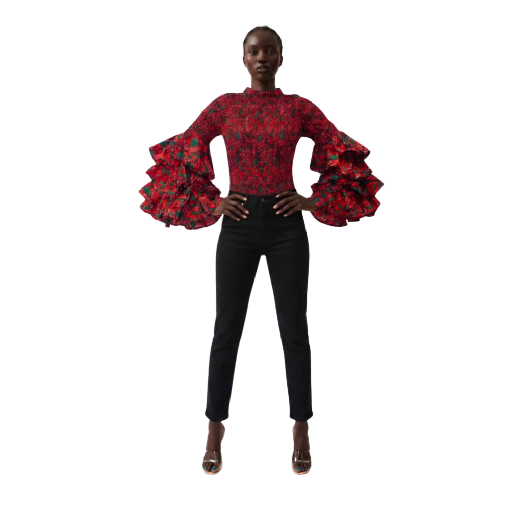 Sisi Bishop Collar Multi-Layer Long Sleeve Ankara Print Body Suit Top
