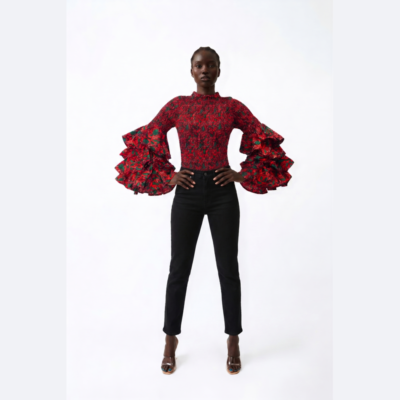 Sisi Bishop Collar Multi-Layer Long Sleeve Ankara Print Body Suit Top