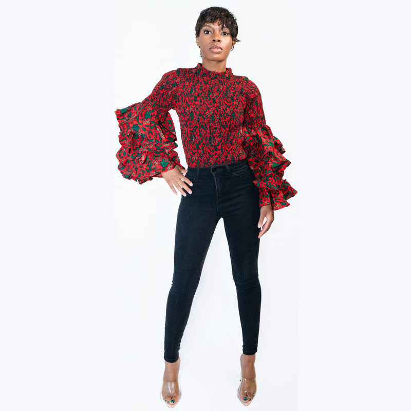 Sisi Bishop Collar Multi-Layer Long Sleeve Ankara Print Body Suit Top
