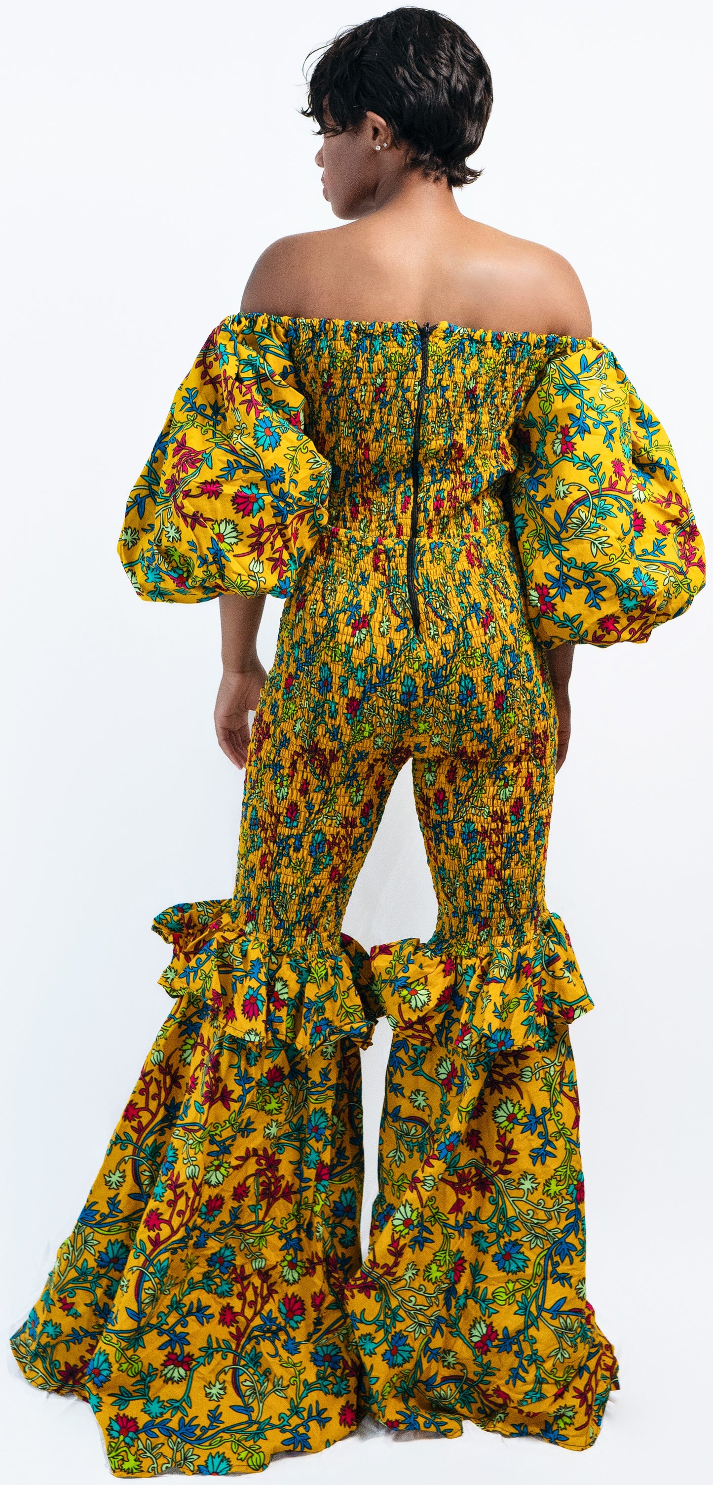 Freda Floral Smocked Bell Bottom Ankara African Print Jumpsuit Dress