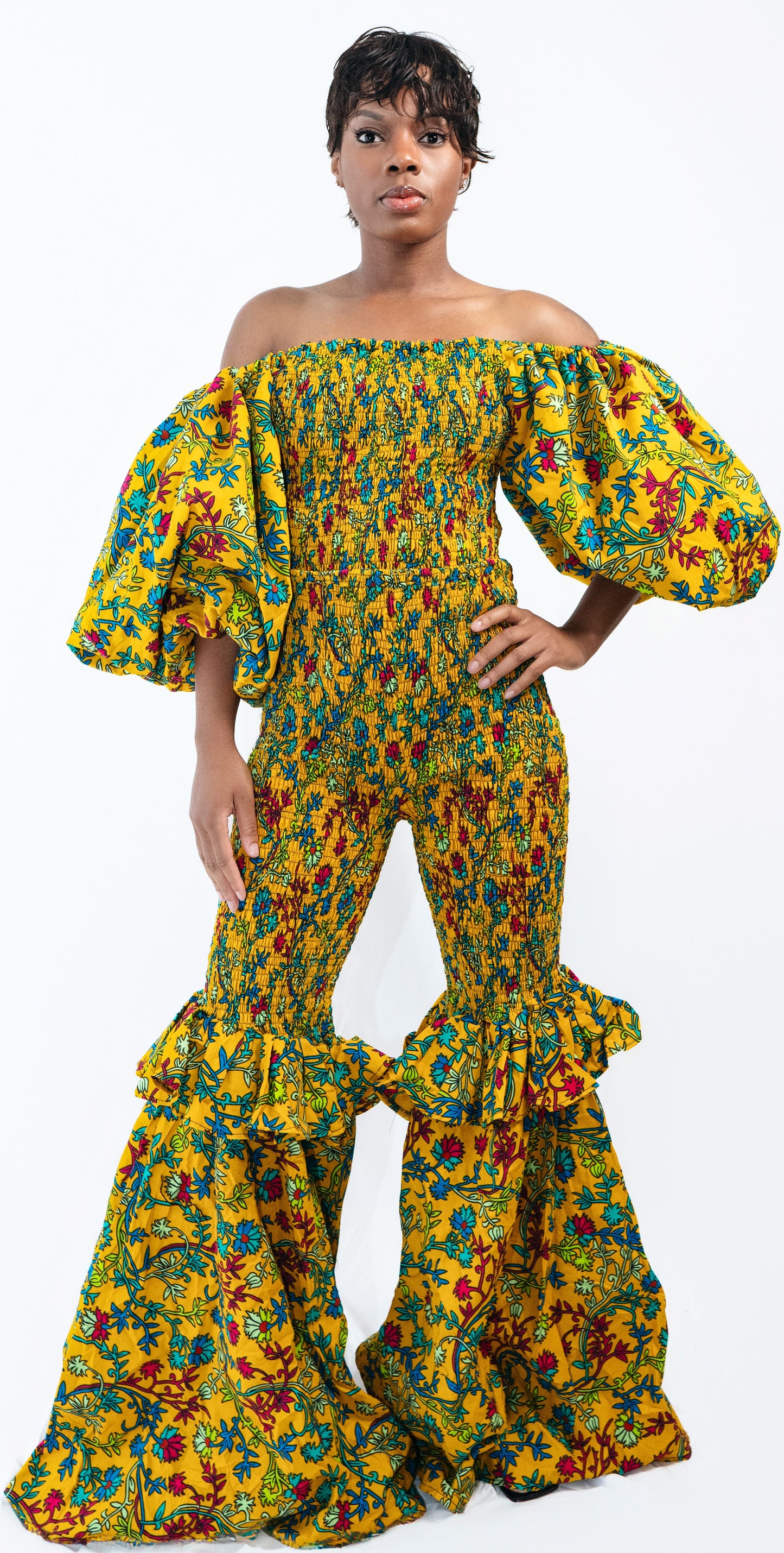 Freda Floral Smocked Bell Bottom Ankara African Print Jumpsuit Dress