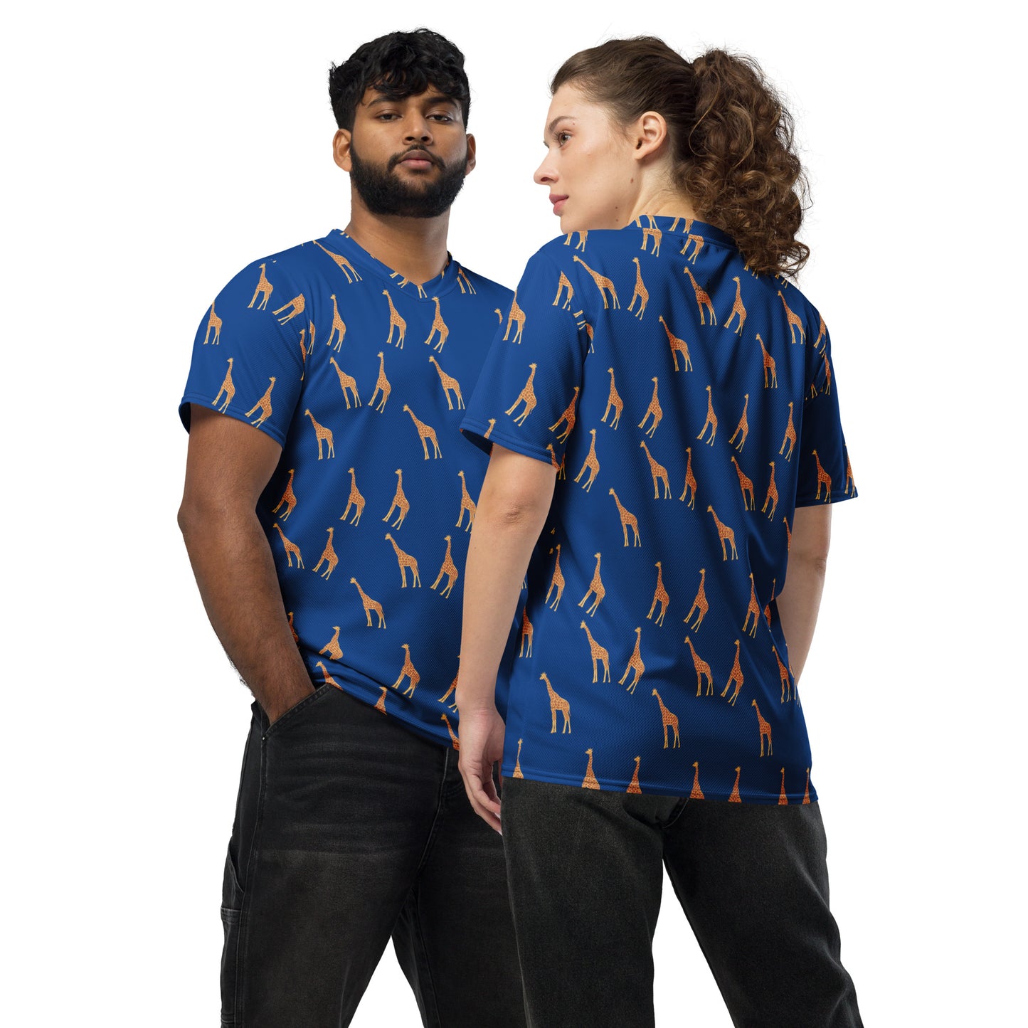 A man and a woman facing away from each other, wearing matching blue TWIGA African Print Unisex Sports Jersey | ASAKE-OGE.