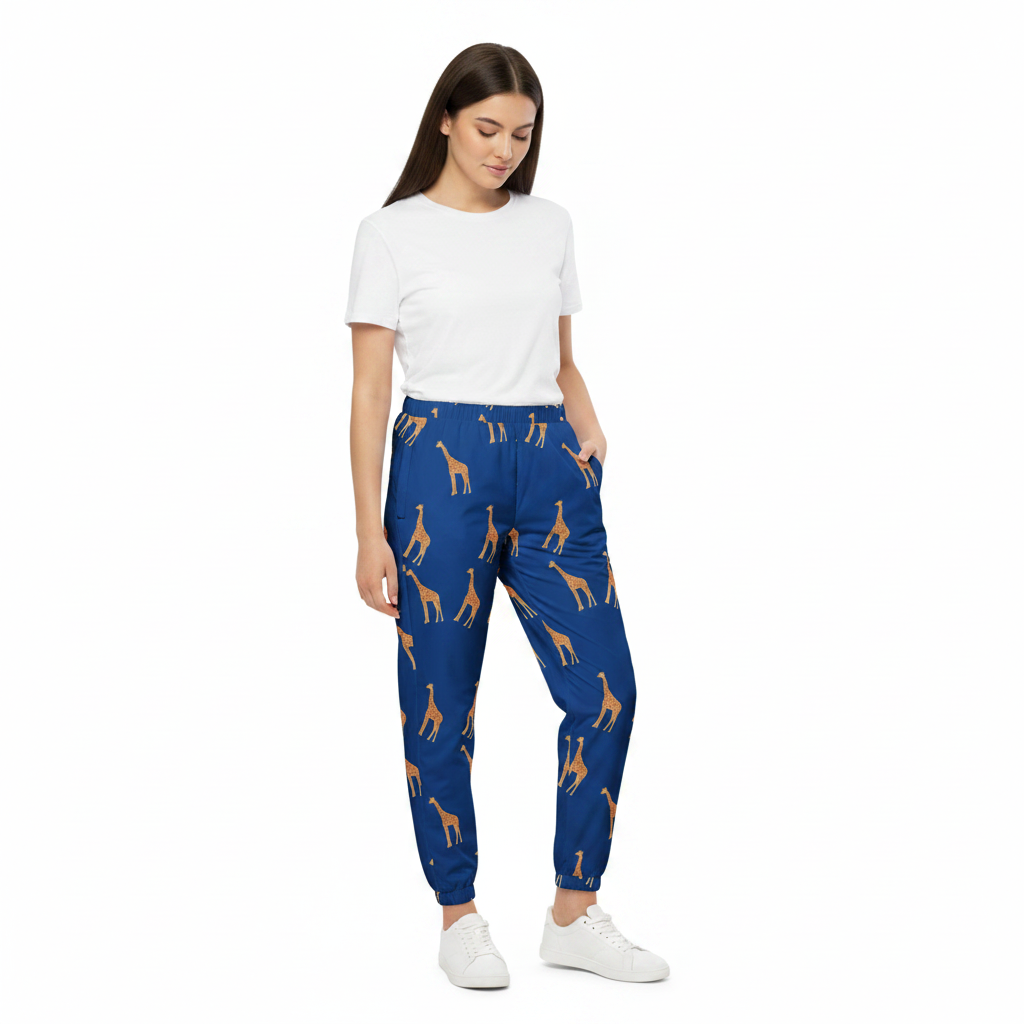 A woman modeling a pair of blue jogger pants with an all-over orange giraffe print, styled with a white t-shirt and white sneakers against a plain white background.