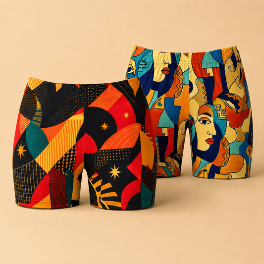 Colorful shorts with abstract patterns on a beige background