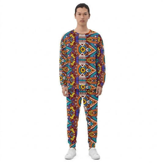 A man modeling a matching long-sleeve sweatshirt and jogger pants set with a vibrant, multicolored geometric tribal pattern, shot against a solid white background.