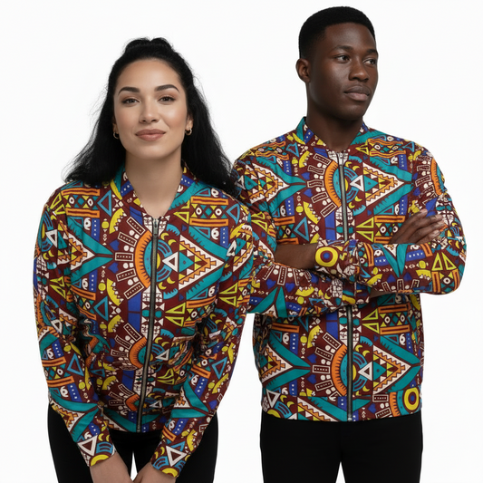 A man and a woman modeling matching zip-up jackets with a vibrant, intricate geometric African-inspired print in orange, yellow, teal, blue, and brown on a white background.
