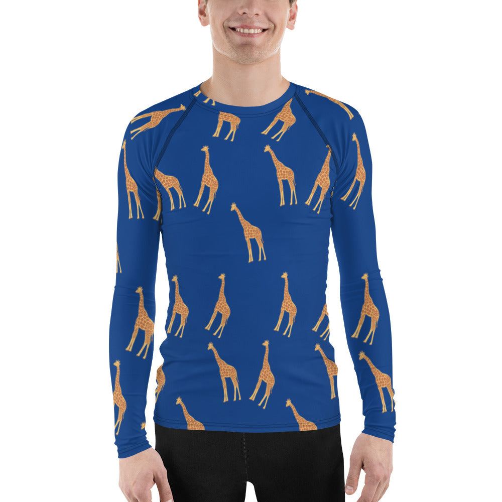 A man wearing a blue Twiga African Print Men's Rash Guard with a giraffe pattern.