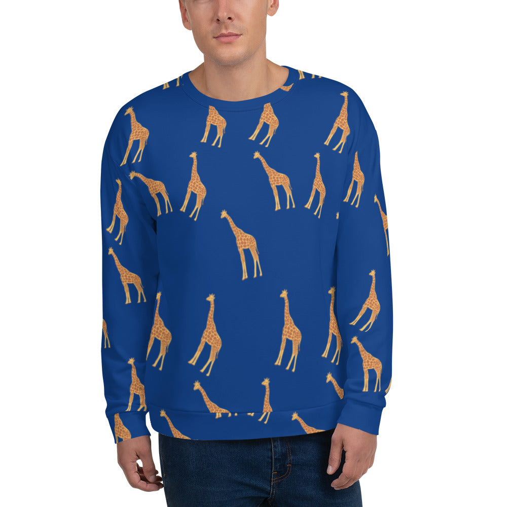 A man wearing a blue unisex sweatshirt with an all-over printed giraffe pattern.