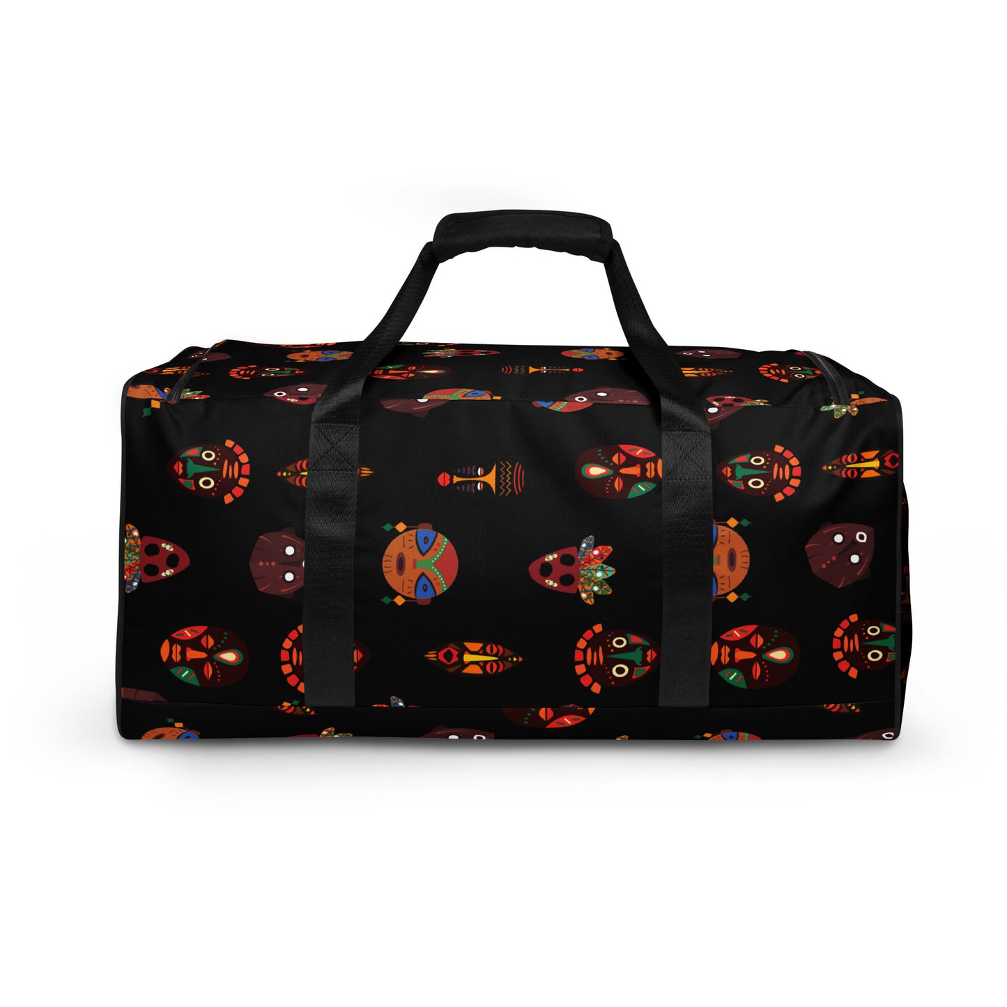 Front view of Chi Midnight Tribal Mask Duffle Bag; showing the dual small carriers strapped up, while the longer single strap is dropped down and along the front of the bag.