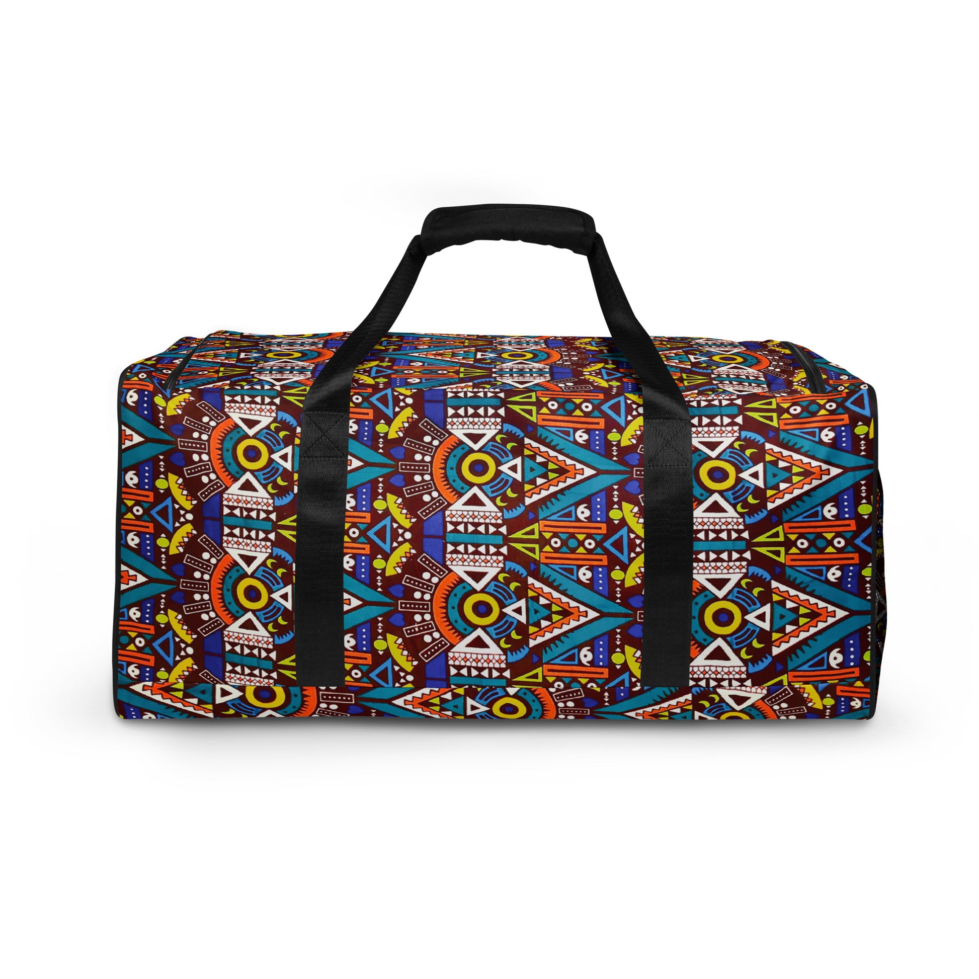 Front view of Tozi  Duffle Bag showing the dual padded handles strapped up, and an upclose of the multicolour custom geometric Aztec Print pattern. 
