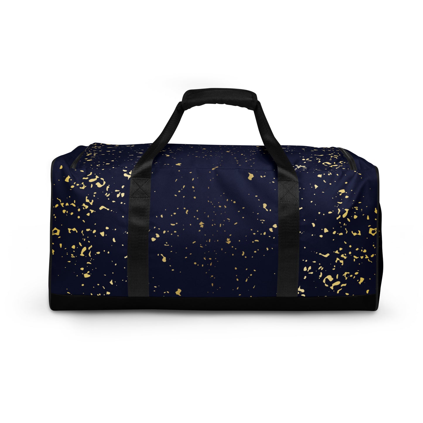 Back view of Agojie Jeans Duffle Bag; showing the print's gold flecks in deep blue print, contrasted by the black straps and bottom.