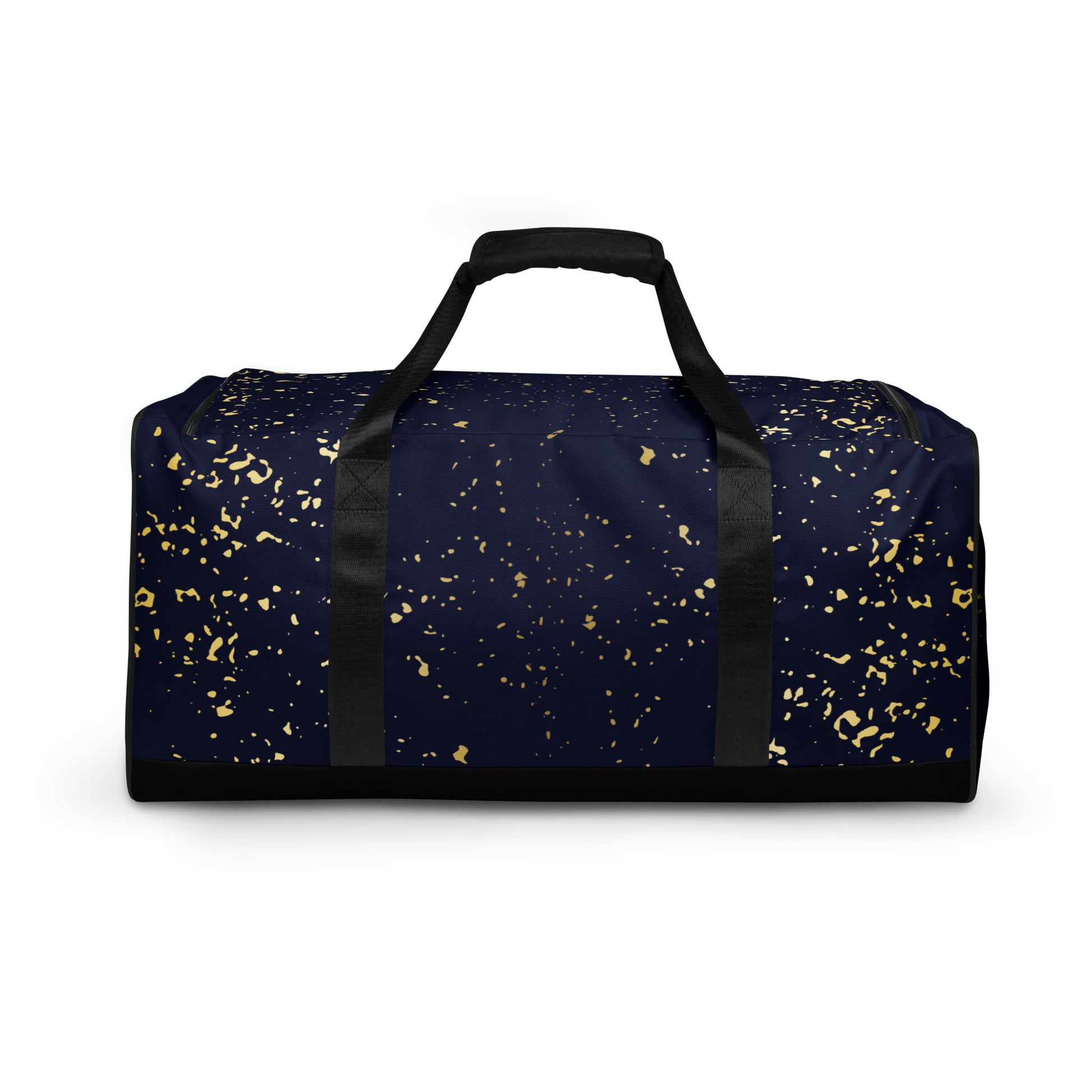 Back view of Agojie Jeans Duffle Bag; showing the print's gold flecks in deep blue print, contrasted by the black straps and bottom.