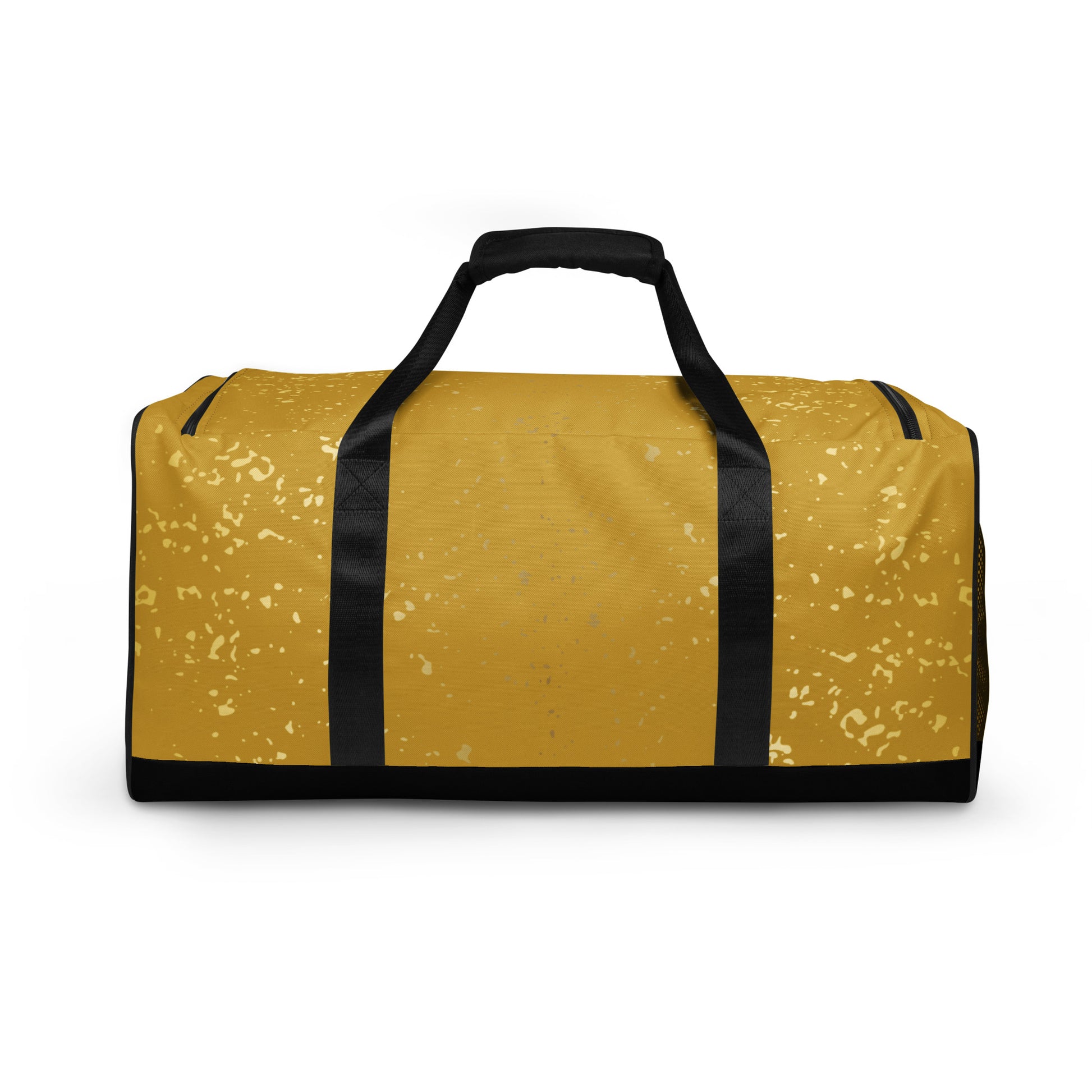  Back view of Agojie Gold Duffle Bag; showing the print's gold flecks, contrasted by the black straps and bottom.