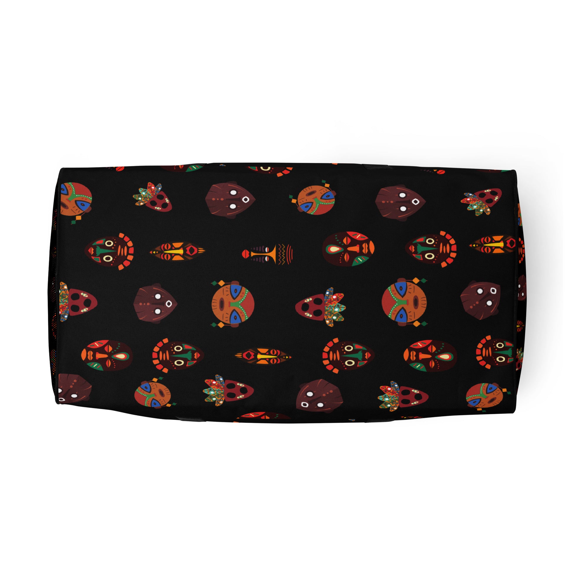 Bottom View of Chi Midnight Duffle Bag showing vibrant Tribal Mask designs upclose