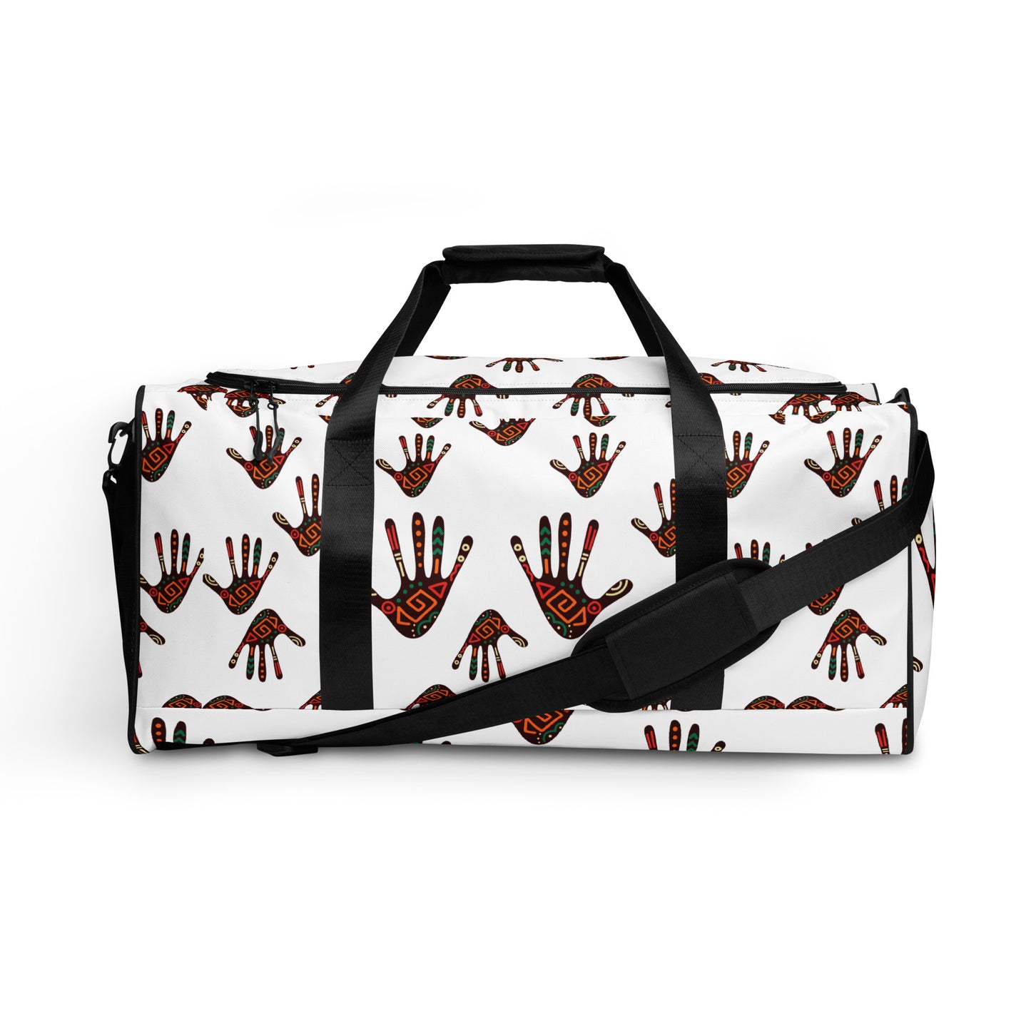 Side view of White Duro Duffle Bag; covered with a colorful tribal palm print design;  showing the dual hand carriers strapped up, while the longer single shoulder strap is dropped down and along the front of the bag. 