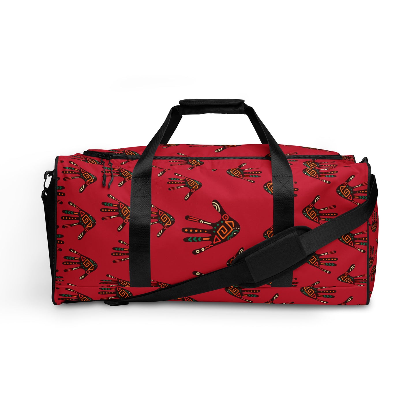 Side view of Duro Crimson Duffle Bag; showing the dual hand carriers strapped up, while the longer single shoulder strap is dropped down and along the front of the bag. 