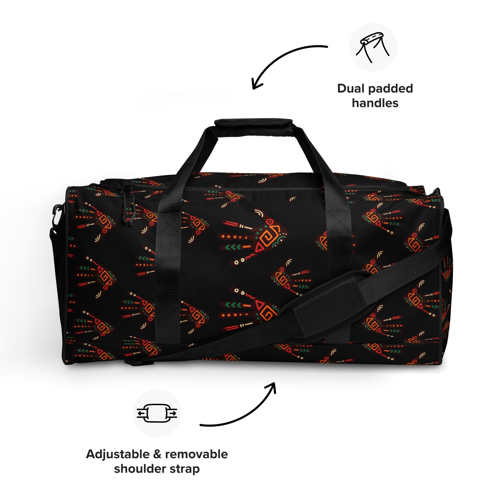 Front feature-view of Duro Midnight Palm Print Overnight Gym Bag, detailing its dual padded straps, and the longer, adjustable, removable, shoulder strap