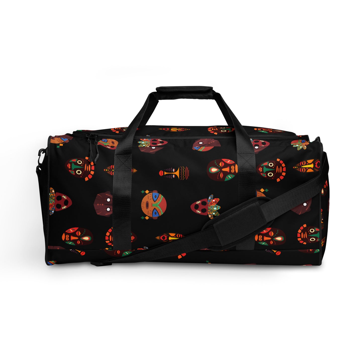 Front view of Chi Midnight Tribal Mask Duffle Bag, showing the dual hand carriers strapped up, while the longer single shoulder strap is dropped down and crosses the front of the bag. 