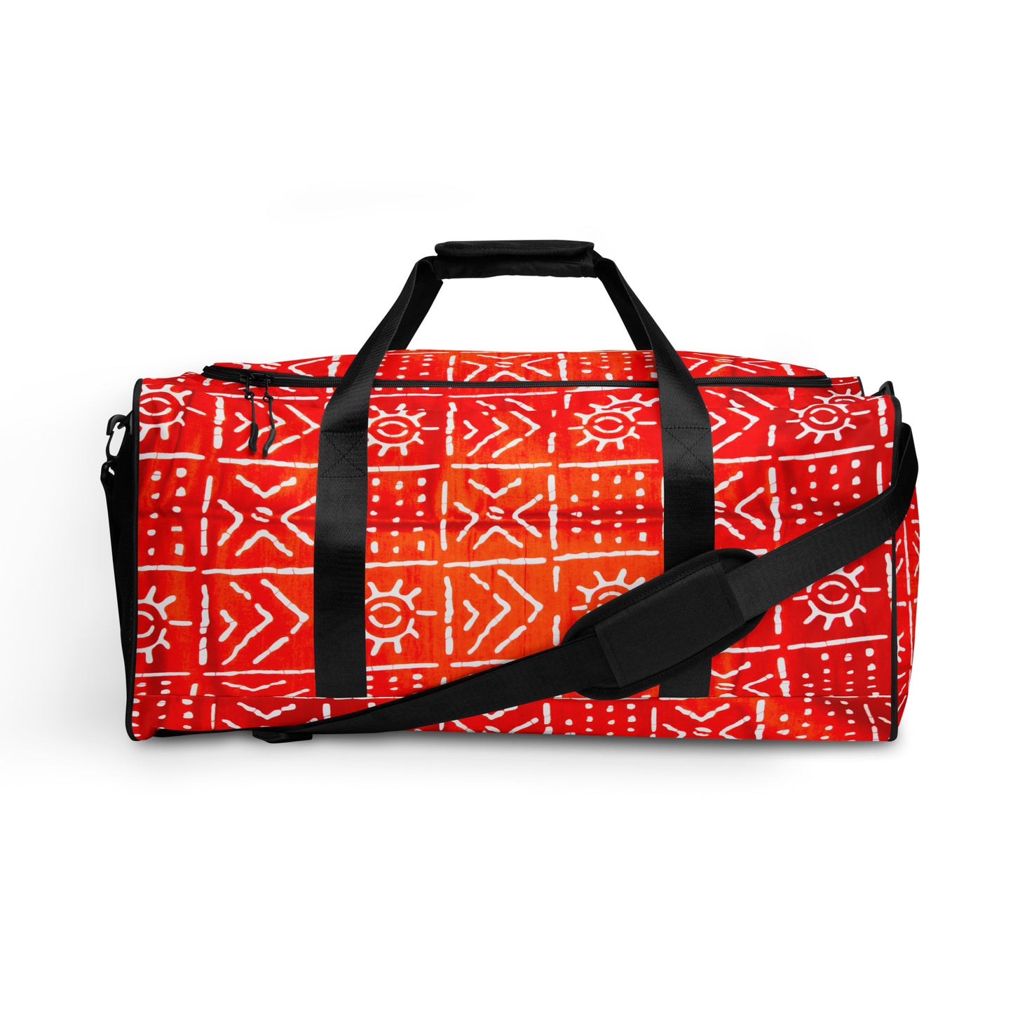 Front view of Aquila Print Duffle bag showing the dual small carriers strapped up, while the longer single strap is dropped down and along the front of the bag. 