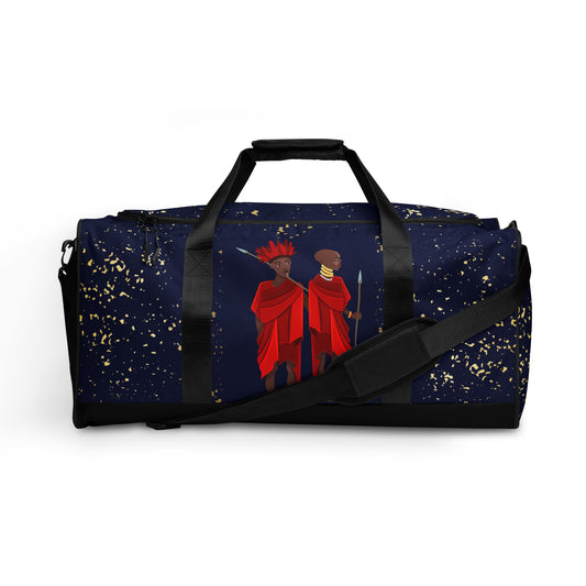  Front view of Agojie Jeans Duffle bag showing the dual small carriers strapped up, while the longer single strap is dropped down and across the front of the bag.