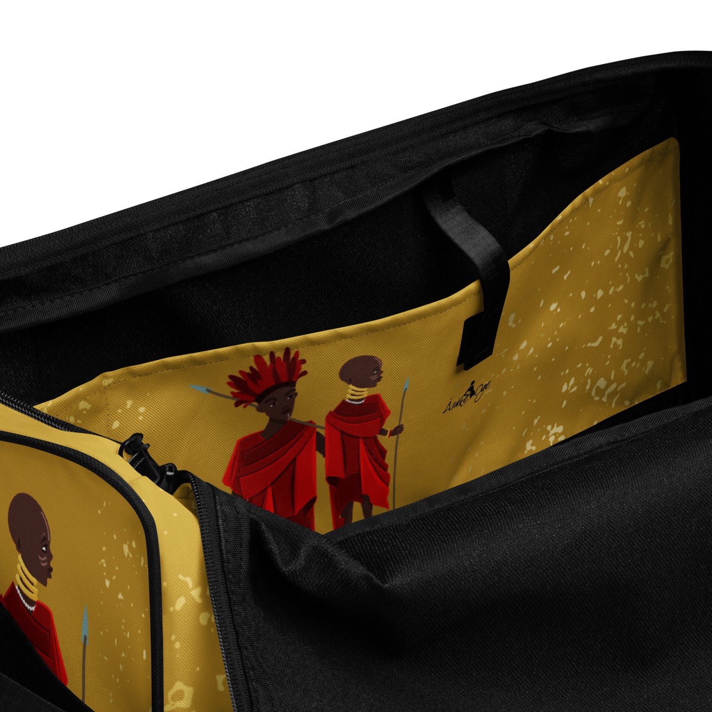Spacious inside side pocket of Agojie Opal Duffle bag; clothed in the custom gold flakes and Warrior print in gold-colored background.