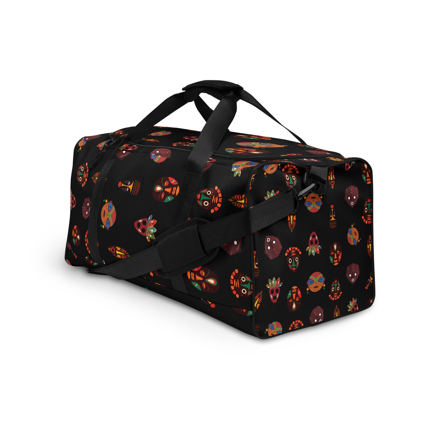 Side view of Chi Midnight Tribal Mask Duffle Bag; showing the dual hand carriers strapped up, while the longer single shoulder strap is dropped down and along the front of the bag. 