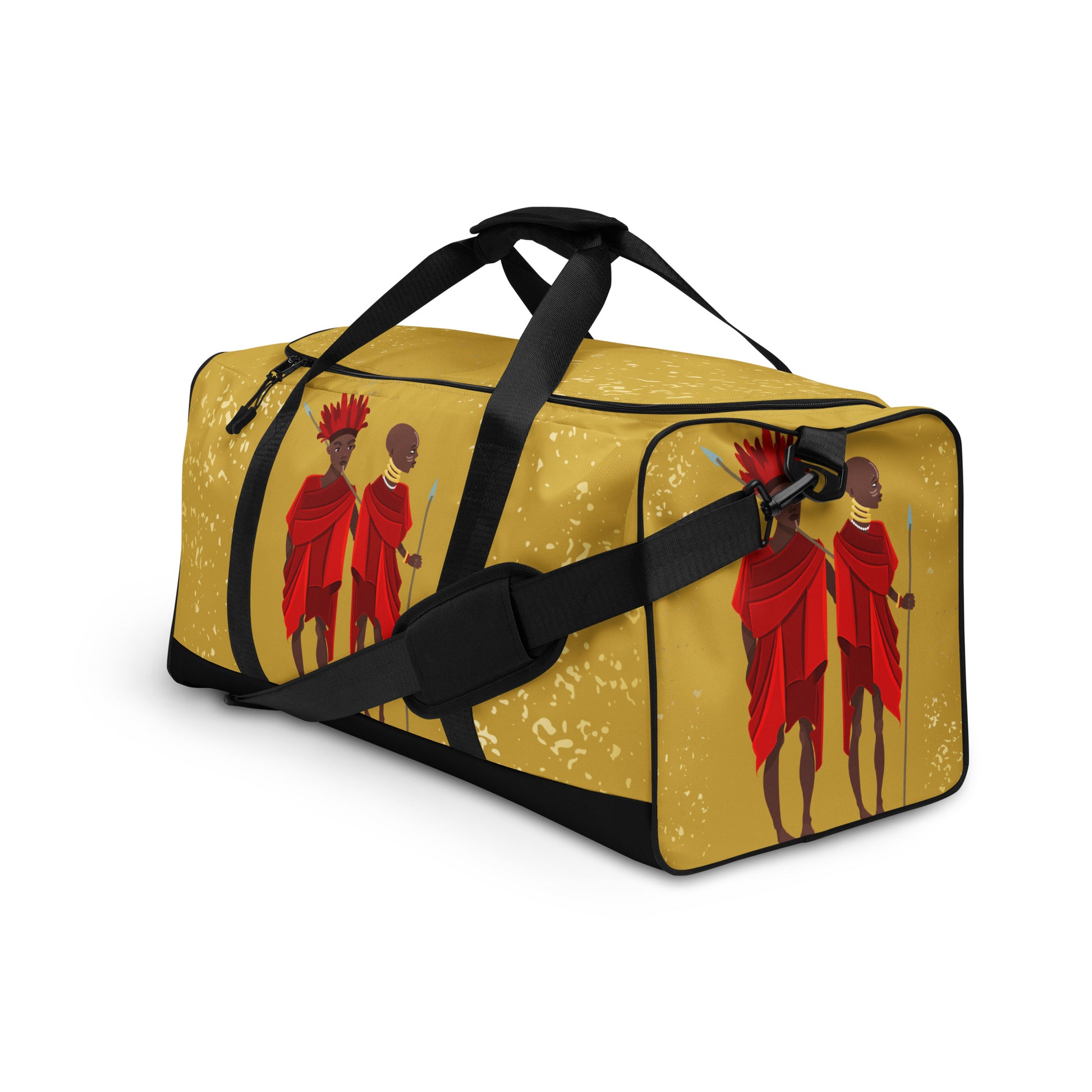  Close up side-frontal view of Agojie Gold Duffle Bag, showcasing the vibrant gold flecks in deep gold print, and custom Sahara warriors clothed in red wrappers 