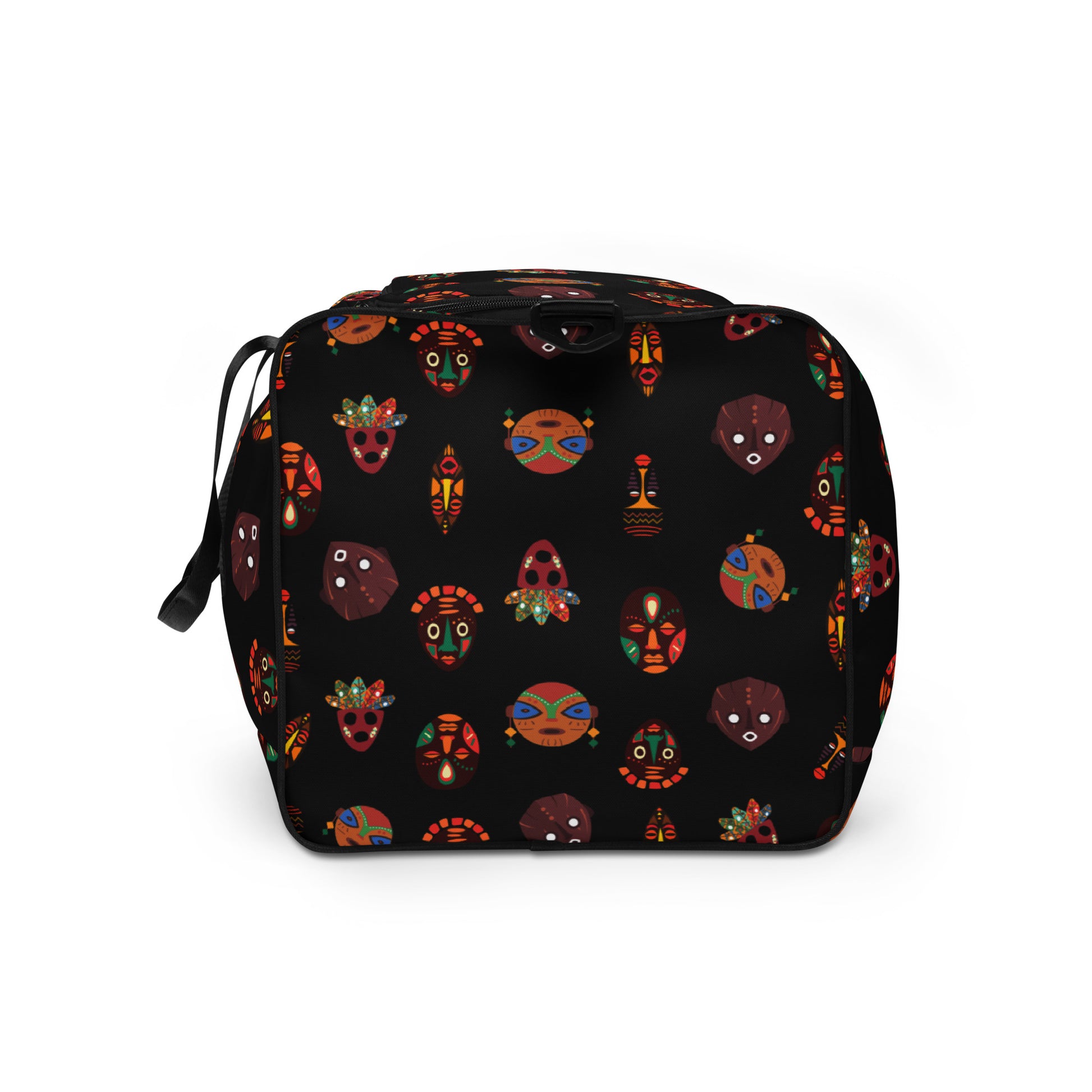 Closeup side view of Chi Midnight Duffle Bag detailing vibrant mix of Tribal Mask designs 