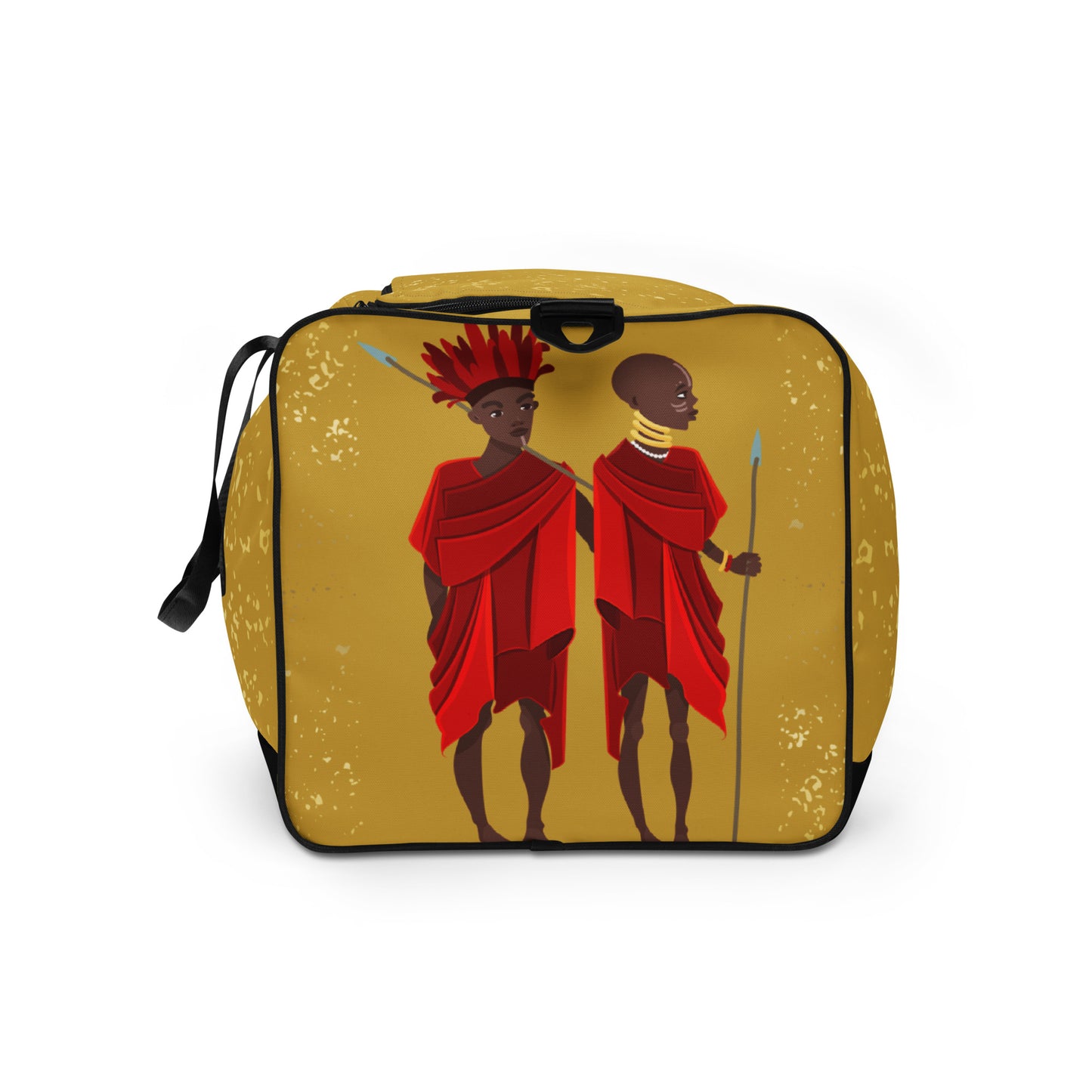 Upclose side view of Agojie Gold Duffle bag showcasing the vibrant contrast of gold shades between the bag's background and gold fleck print, plus the custom Sahara warriors clothed in red wrappers.
