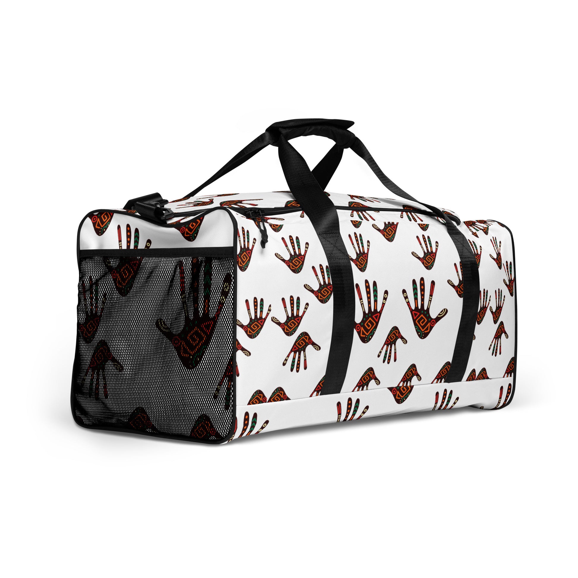 External mesh pocket and side view of Duro Tribal Palm Print duffle bag in White, covered with a colorful tribal palm print design; featuring multiple pockets, a black adjustable padded shoulder strap, and dual padded handles.