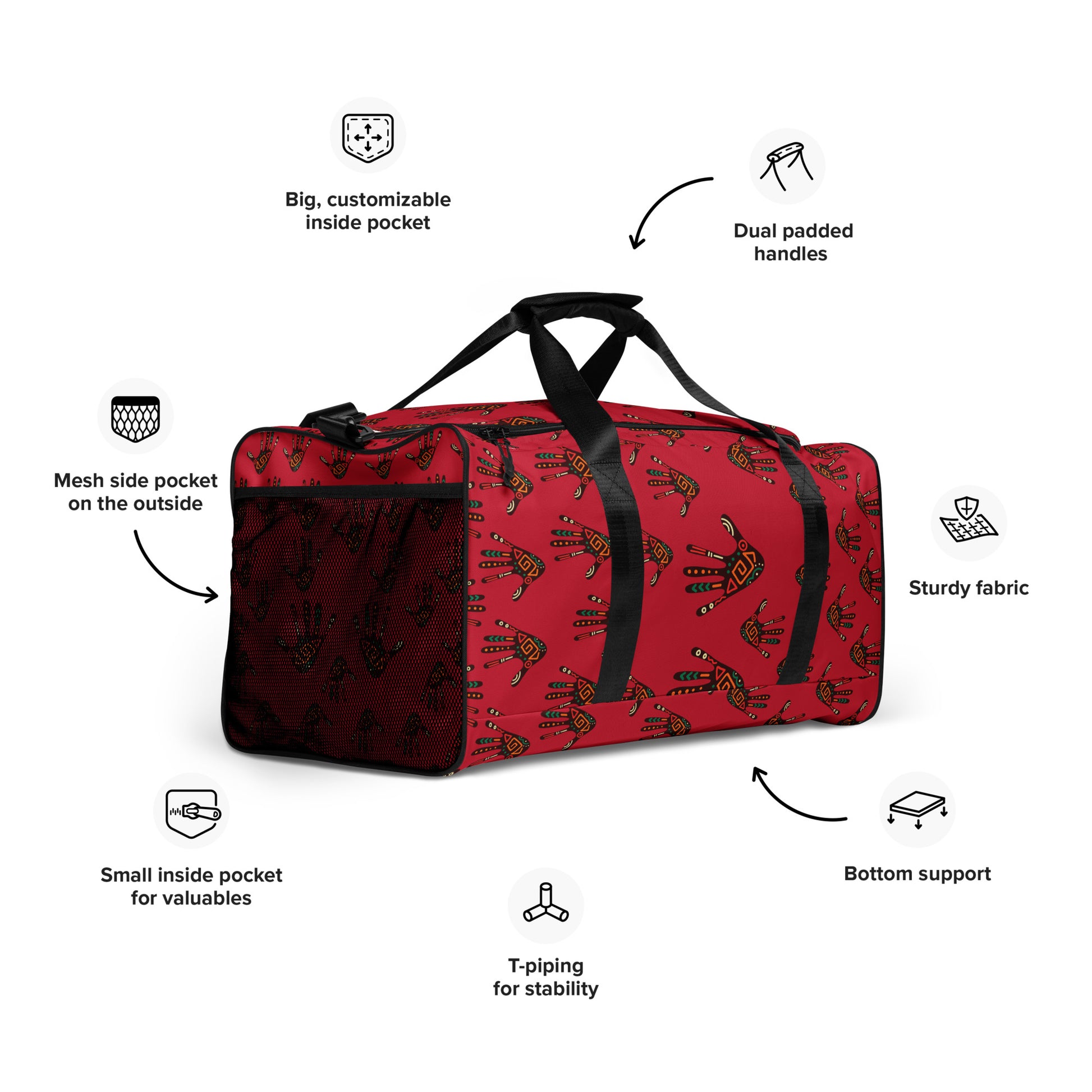 Side feature-view of Duro Crimson Palm Print Overnight Gym Bag, showing the black mesh pocket and detailing its adjustable padded straps, side and internal pockets, bottom support, and T-piped design.
