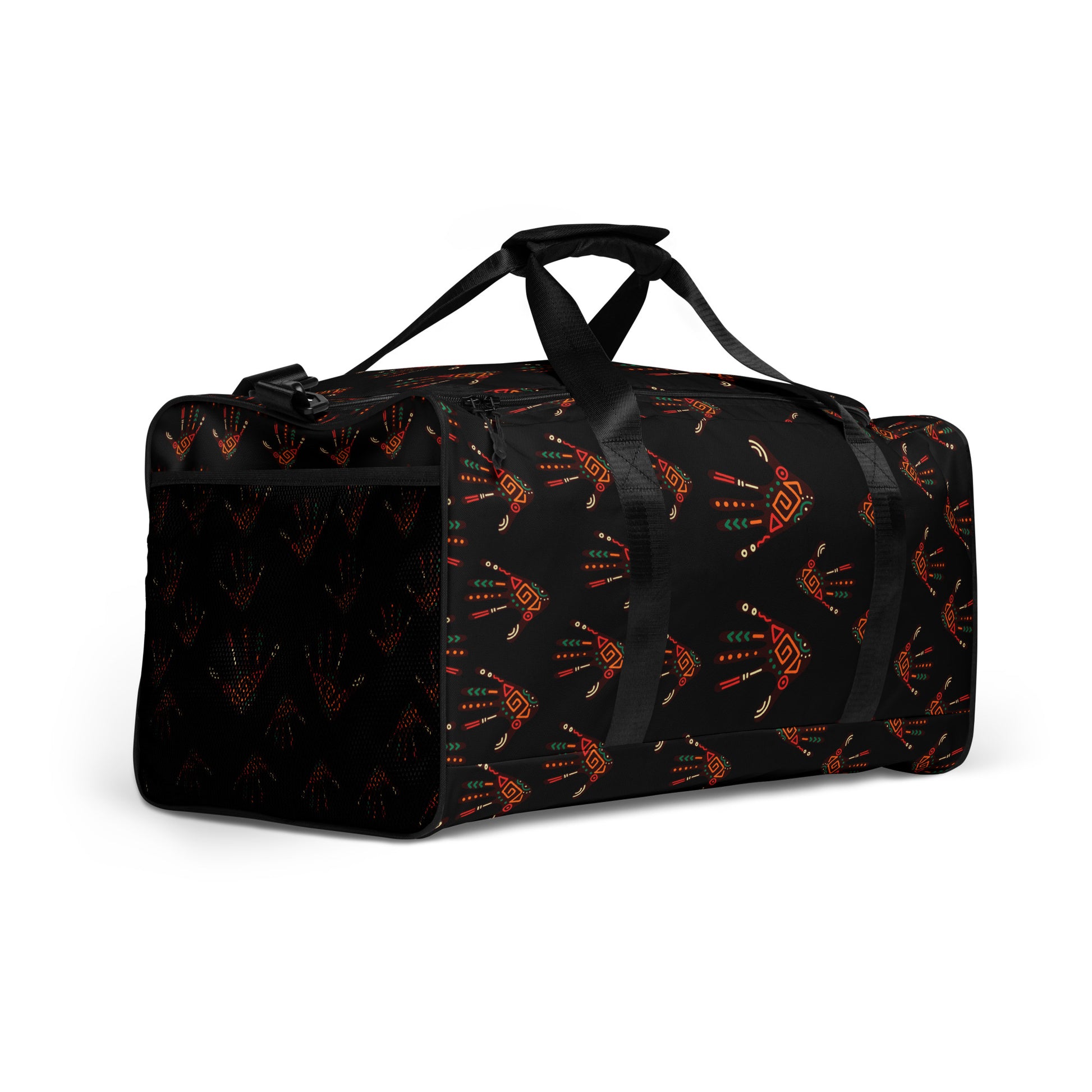 External mesh pocket and side view of Duro Midnight Tribal Palm Print duffle bag