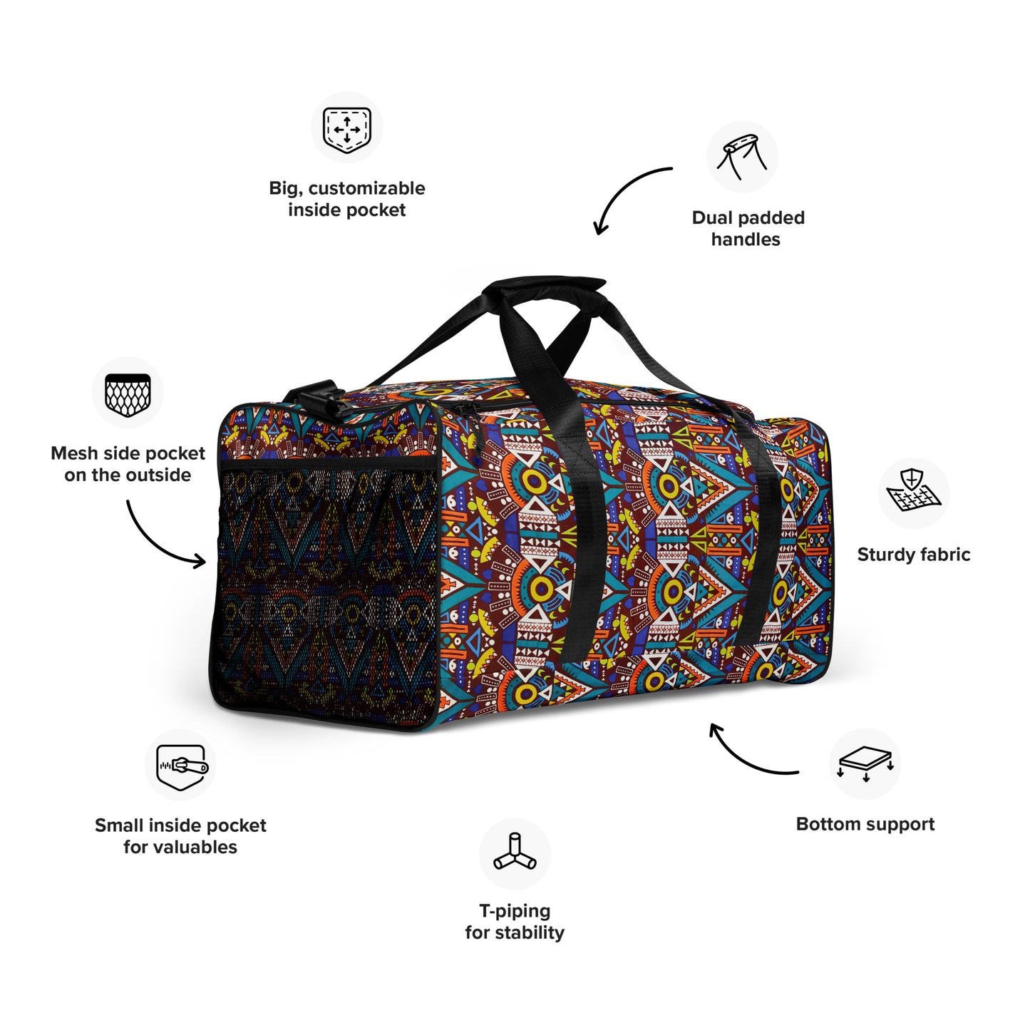 External mesh pocket and feature side view of Tozi Aztec Print Duffle Bag; detailing multiple pockets, adjustable shoulder strap, dual padded handles, bottom support, and structured T-piping.