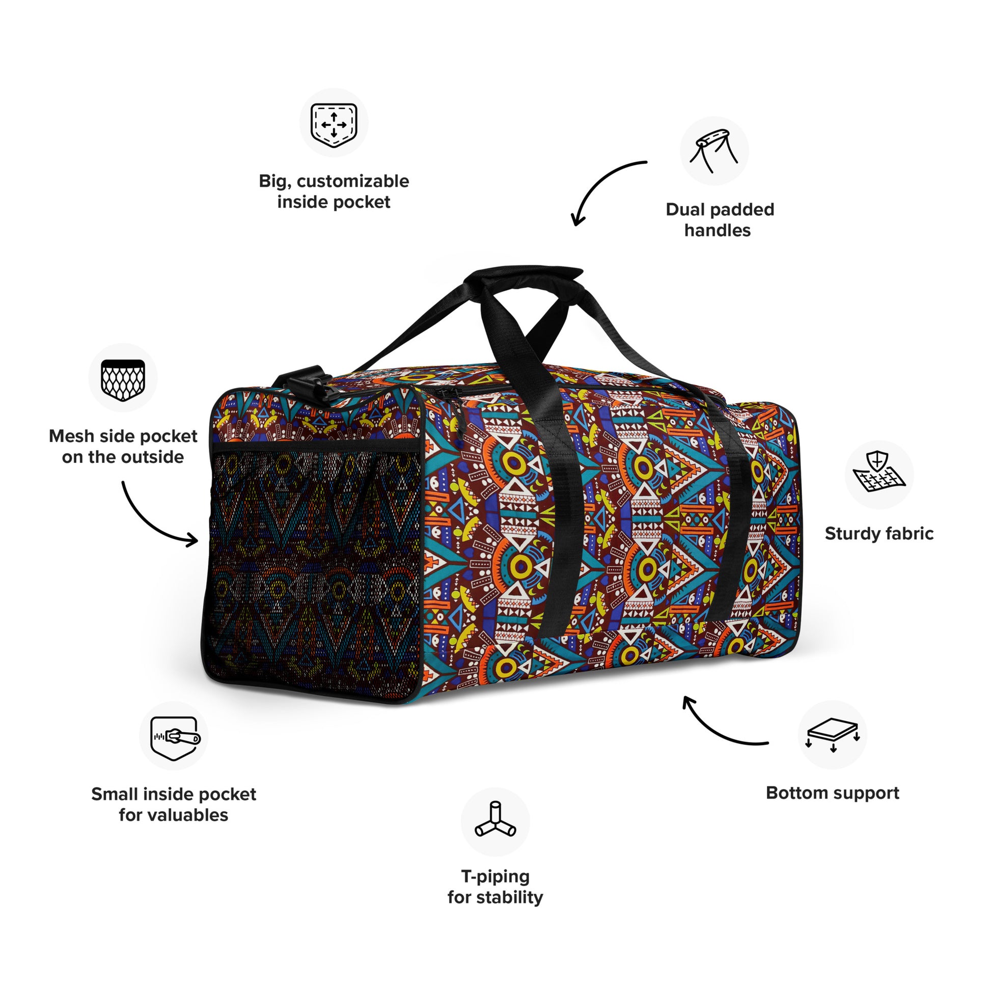 External mesh pocket and feature side view of Tozi Aztec Print Duffle Bag; detailing multiple pockets, adjustable shoulder strap, dual padded handles, bottom support, and structured T-piping.