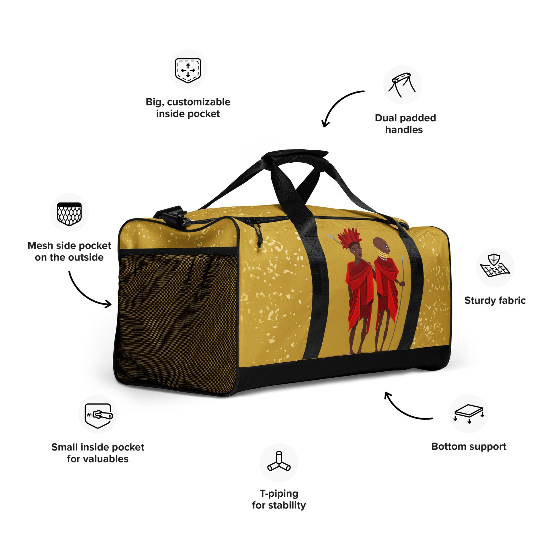 Side feature-view of Agojie Gold Duffle Bag; showing the black mesh pocket and detailing its adjustable padded straps, side and internal pockets, bottom support, and T-piped design