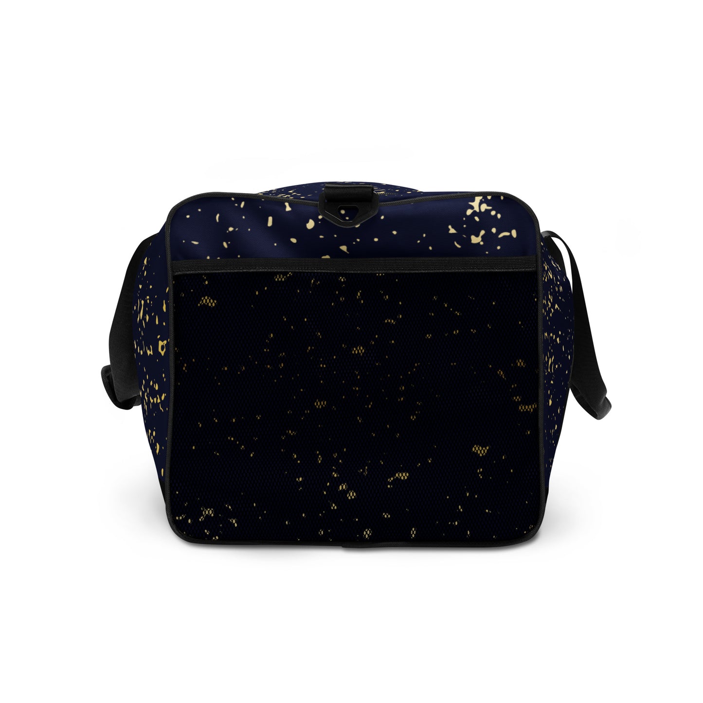 Up close side view of Agojie Jeans Duffle bag; showing the mesh pocket.