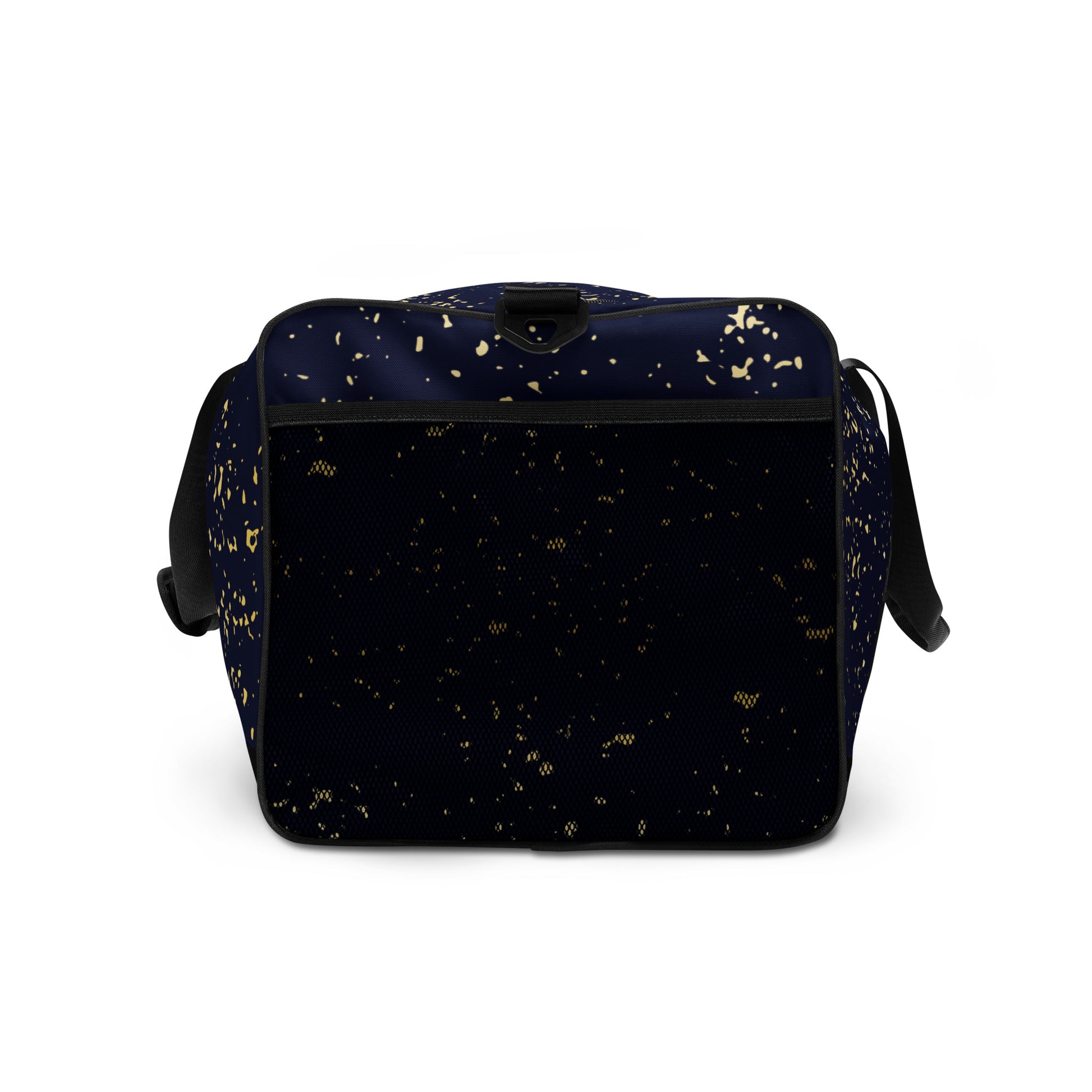 Up close side view of Agojie Jeans Duffle bag; showing the mesh pocket.