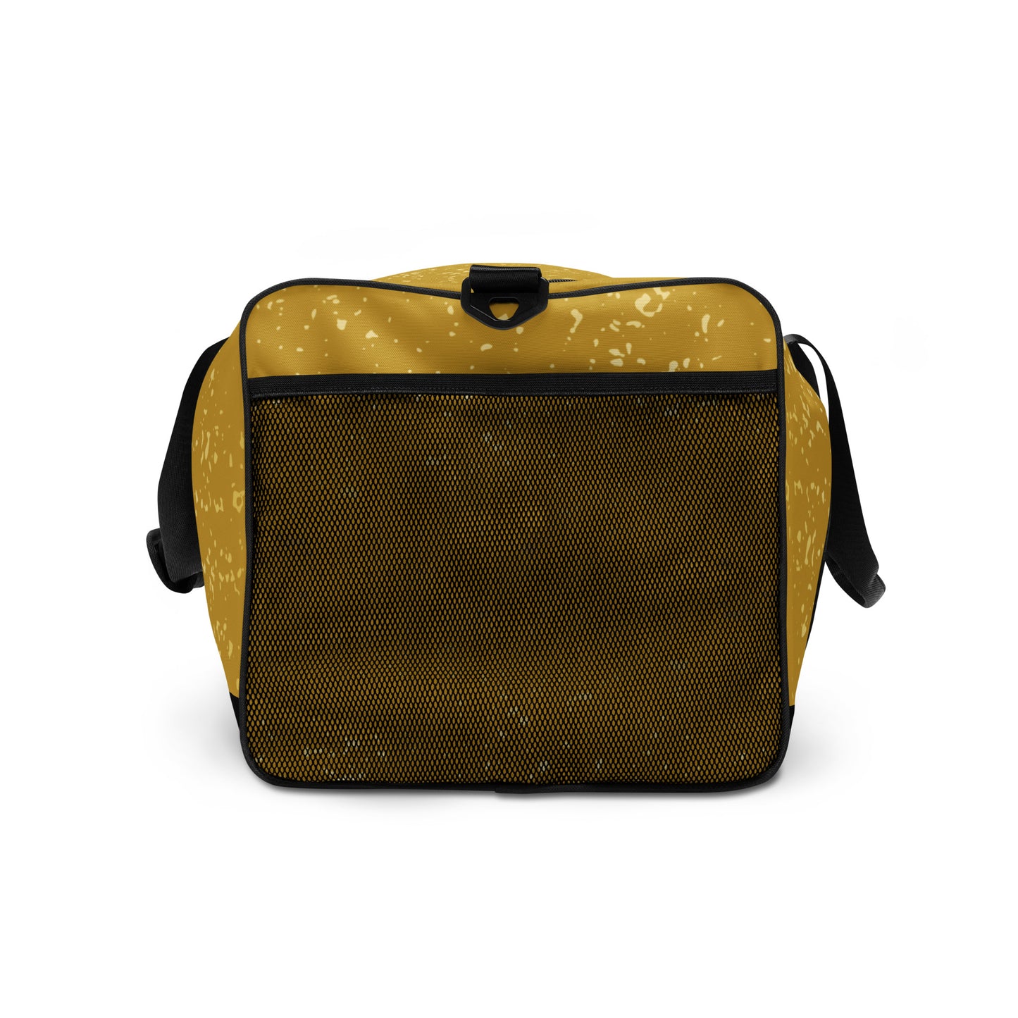 Up close side view of Agojie Gold Duffle Bag; showing the mesh pocket.
