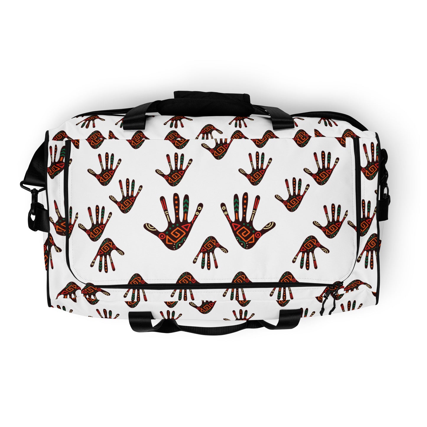 Top view of a Duro Tribal Palm Print Duffle Bag, showing its length-wide, c-shape black zipper closure