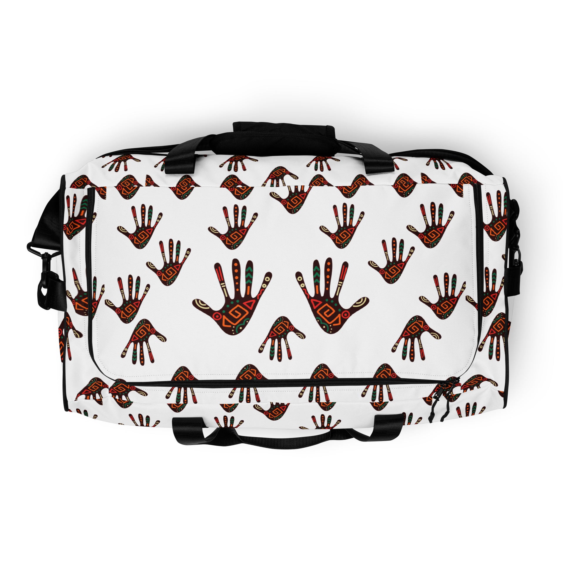 Top view of a Duro Tribal Palm Print Duffle Bag, showing its length-wide, c-shape black zipper closure