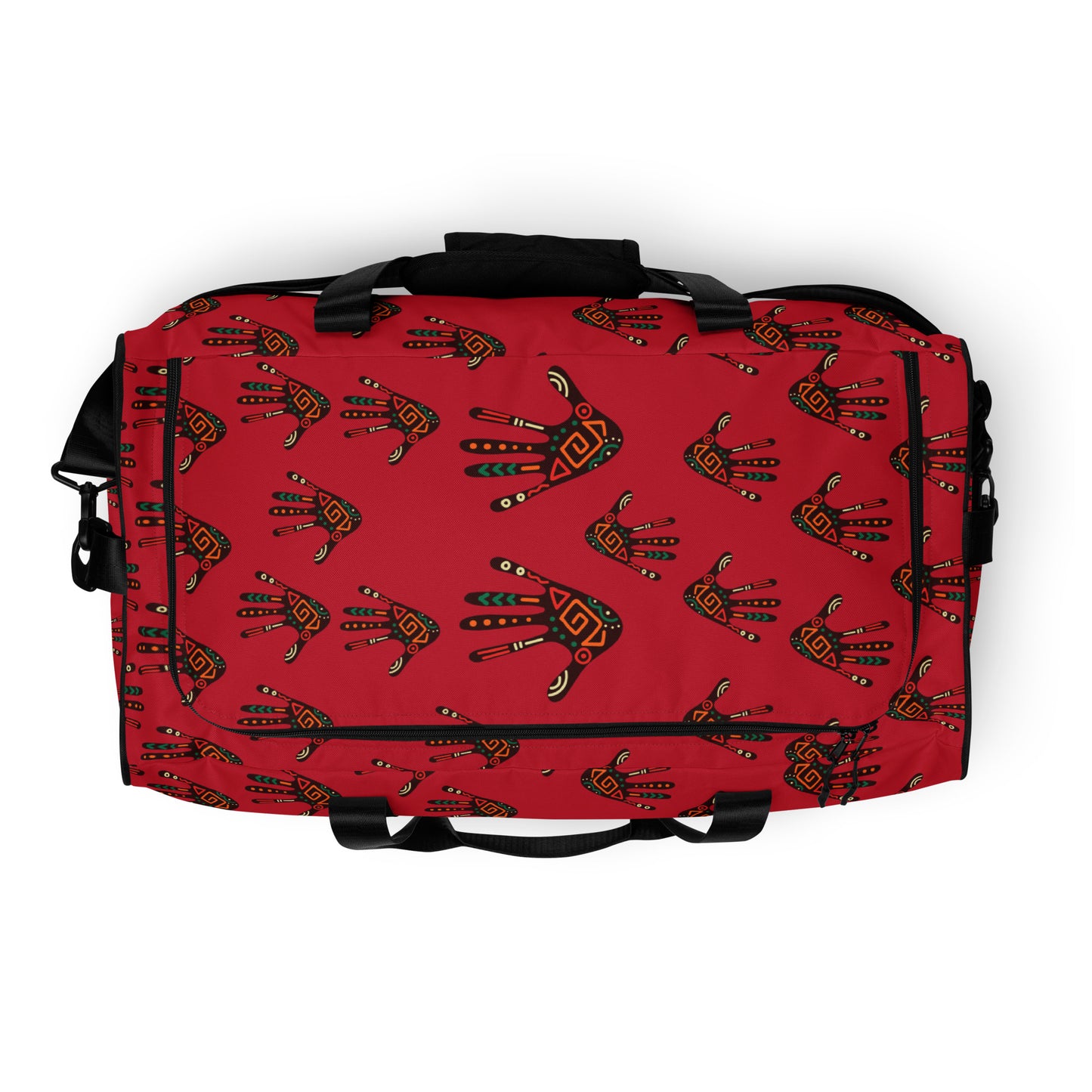 Top view of a Duro Crimson Tribal Palm Print Duffle Bag, showing its length-wide, c-shape black zipper closure