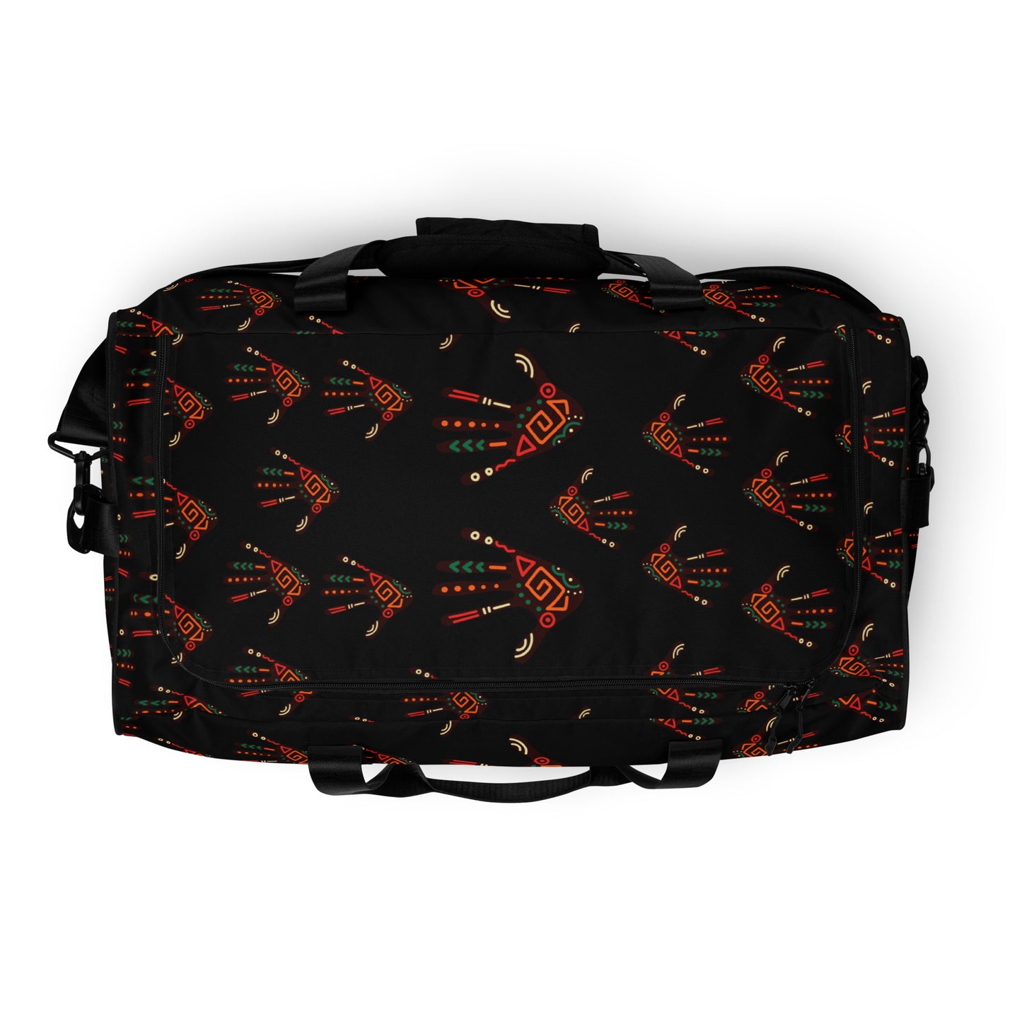 Top view of a Duro Midnight Tribal Palm Print Duffle Bag, showing its length-wide, c-shape black zipper closure