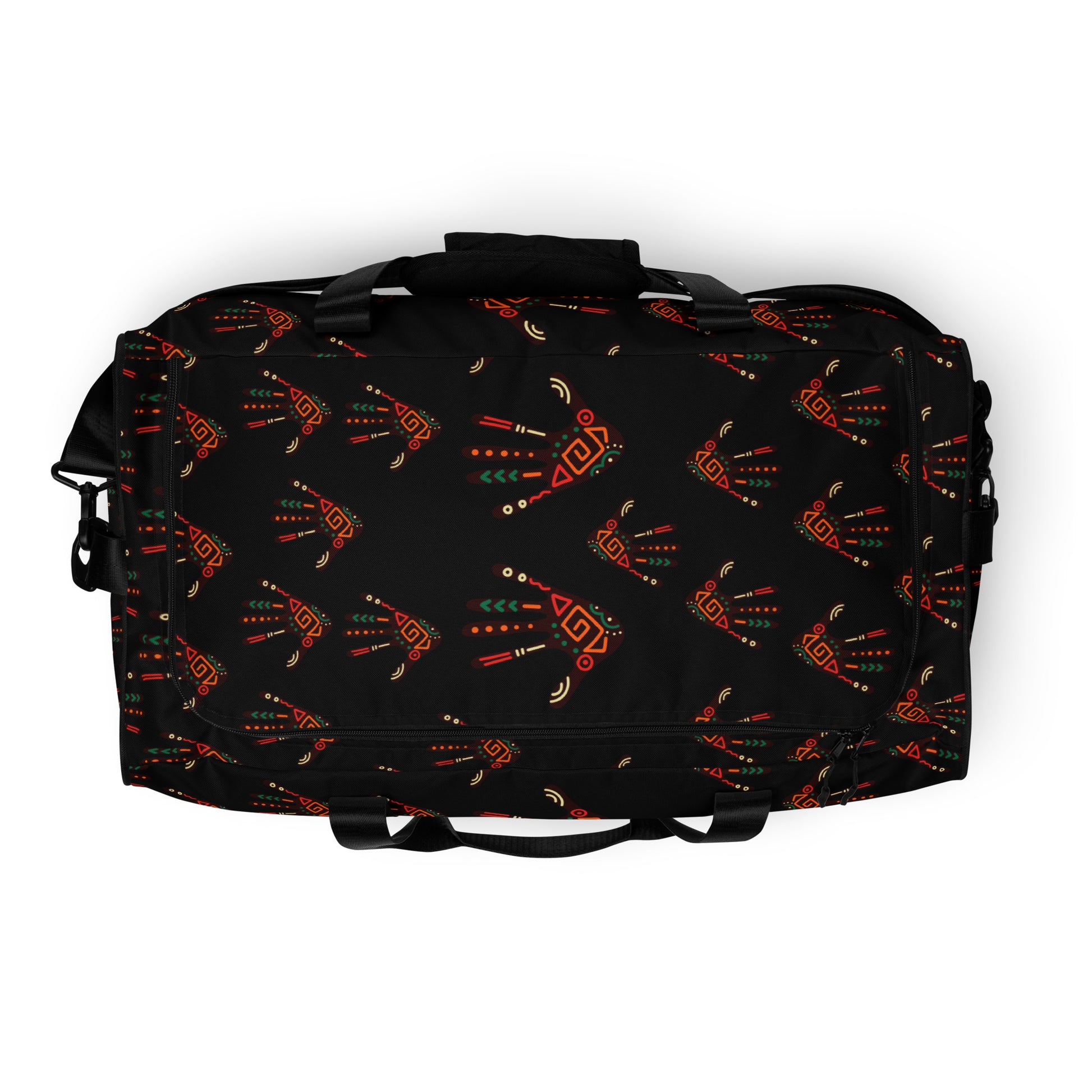 Top view of a Duro Midnight Tribal Palm Print Duffle Bag, showing its length-wide, c-shape black zipper closure