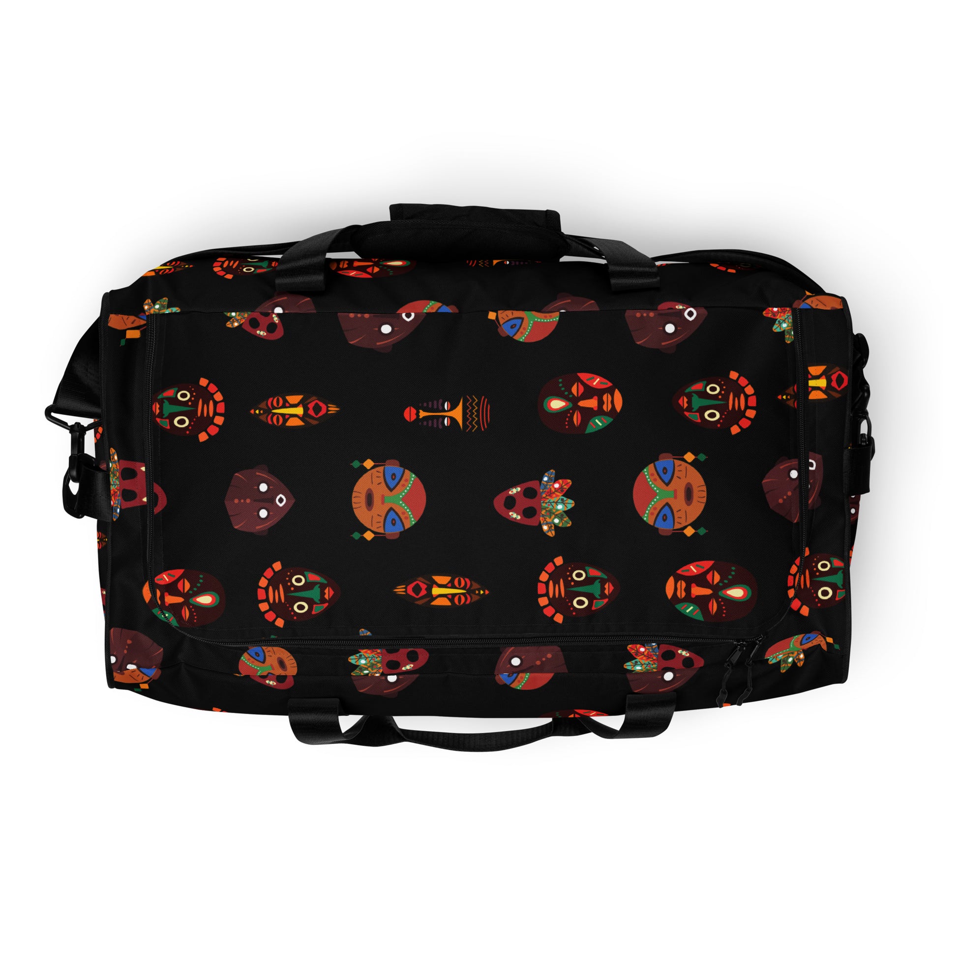 Top view of a Chi Midnight Tribal Mask  Duffle Bag, showing its length-wide, c-shape black zipper closure