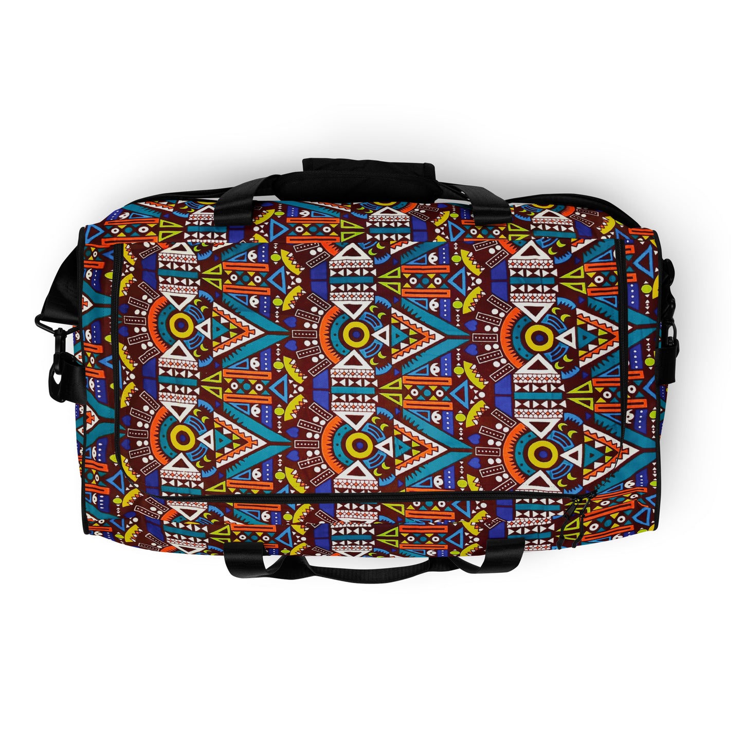 Top view of Tozi Aztec Print Duffle Bag, showing its length-wide, c-shape black zipper closure
