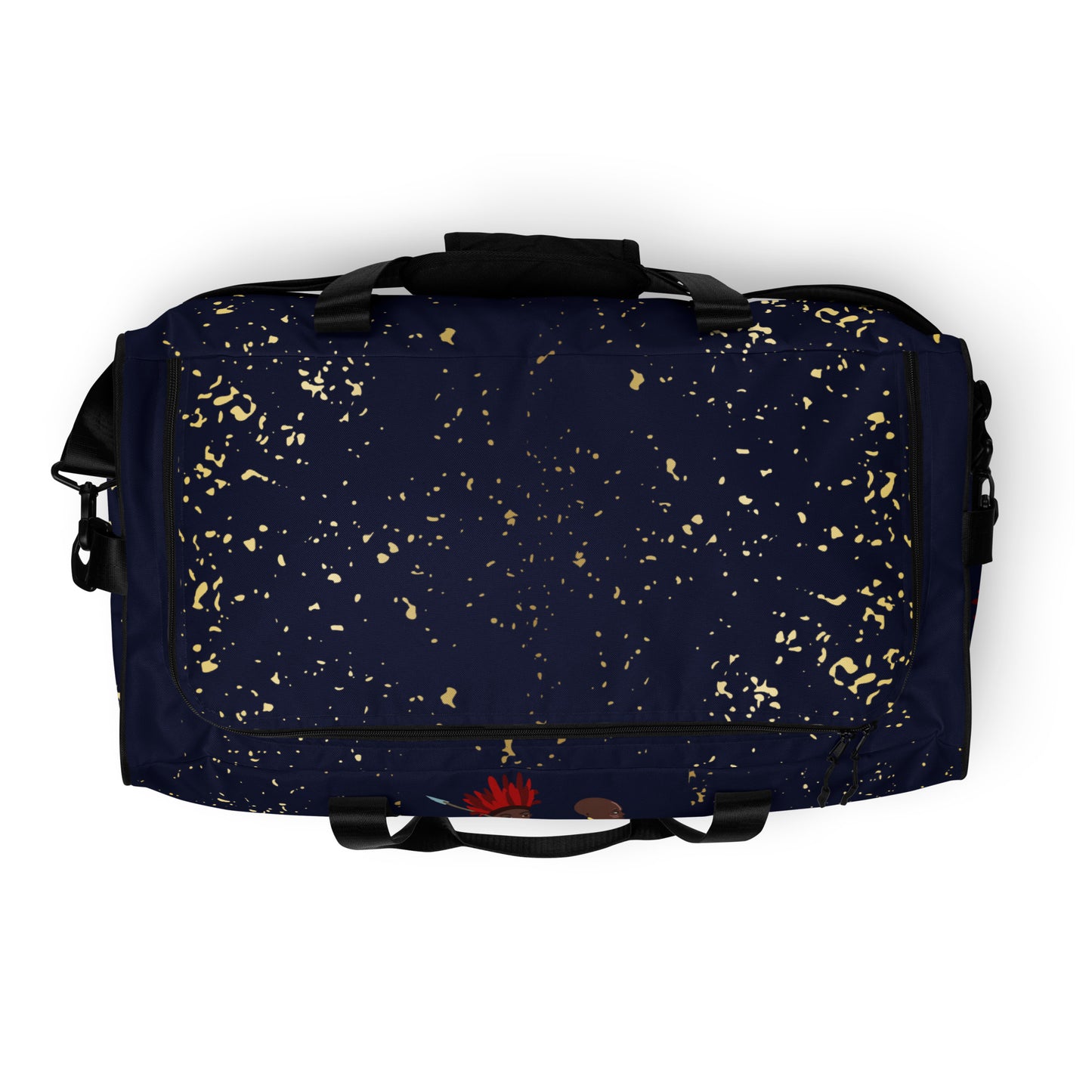 Top view of Agojie Jeans Duffle bag, showing its length-wide, c-shape black zipper closure