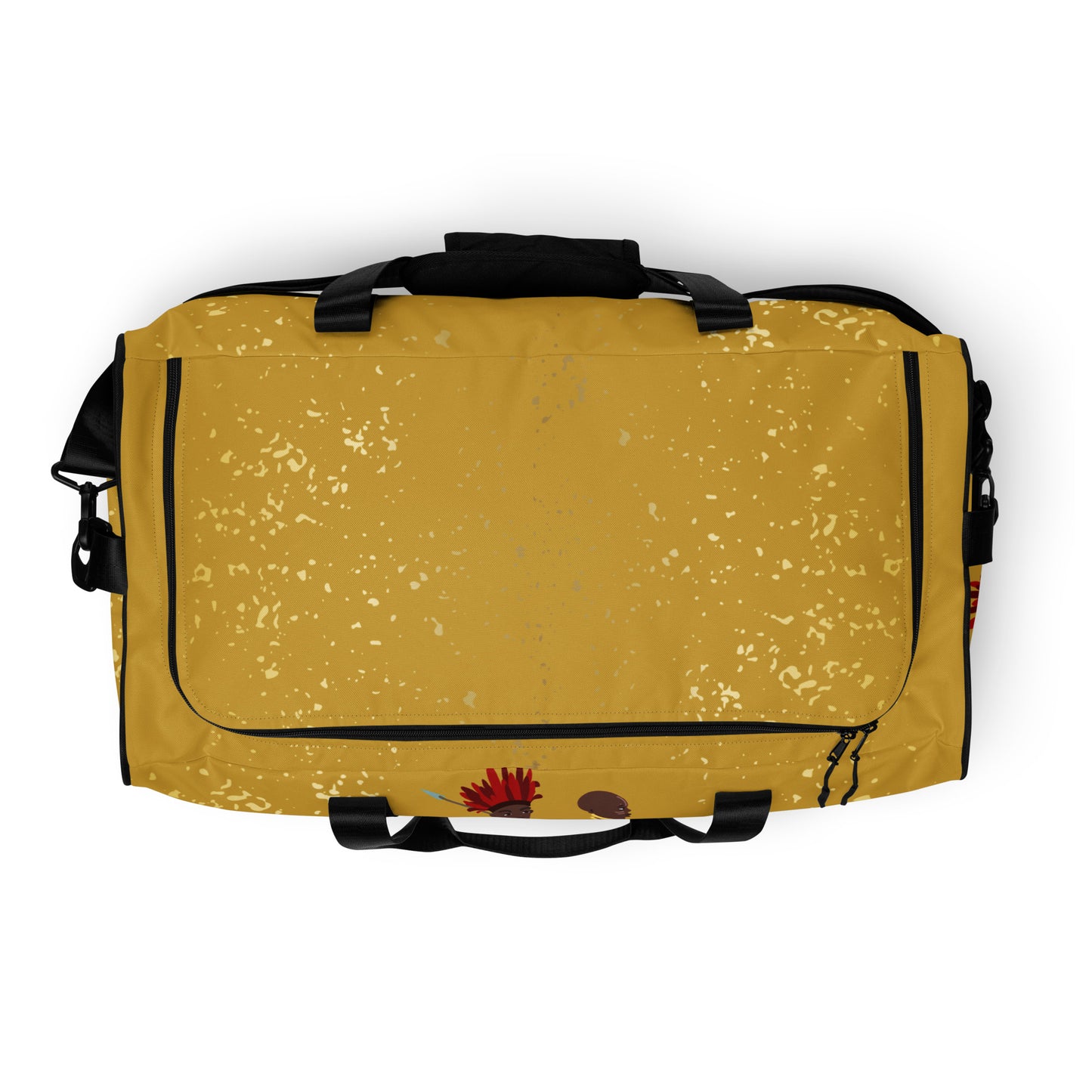Top view of Agojie Gold Duffle bag, showing its length-wide, c-shape black zipper closure