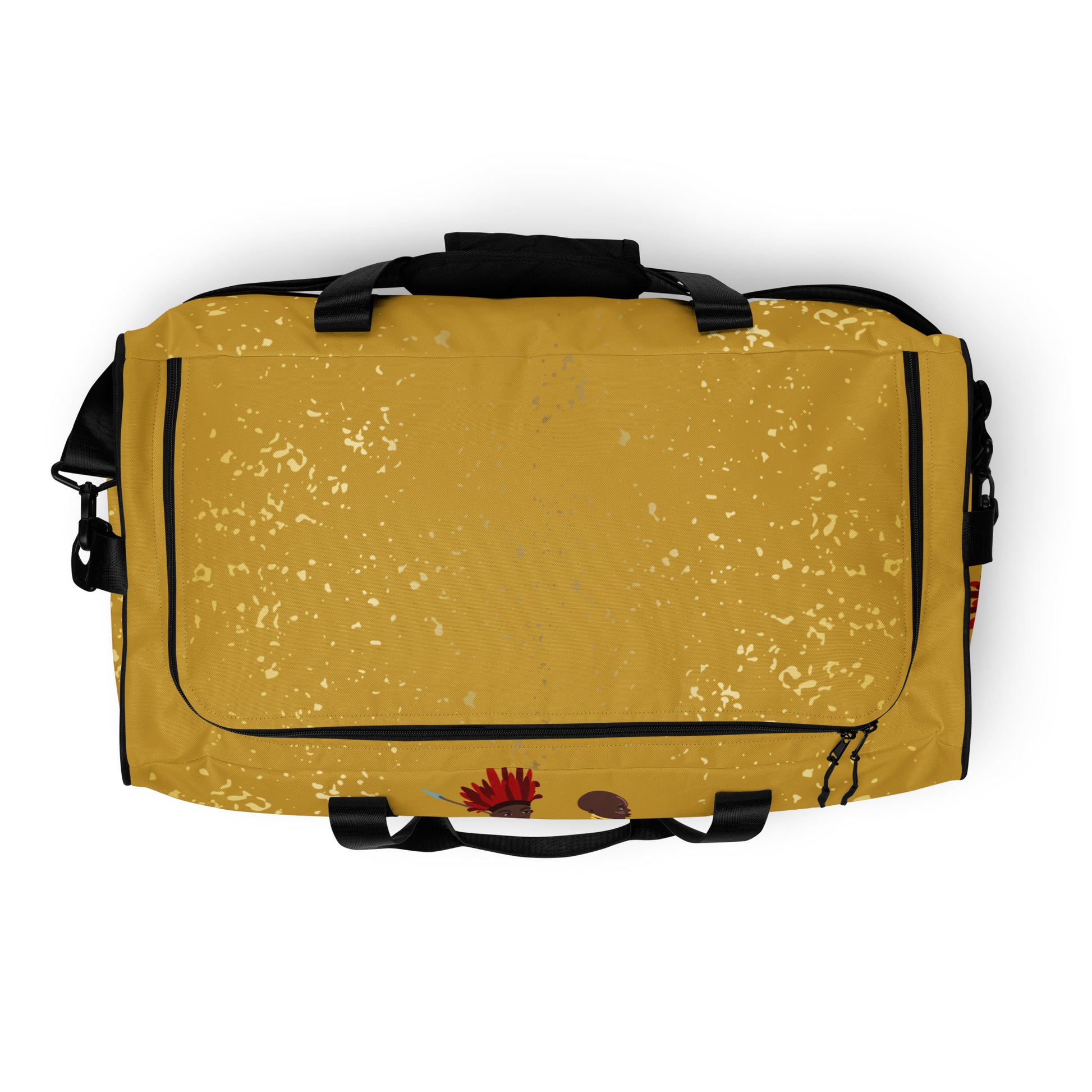 Top view of Agojie Gold Duffle bag, showing its length-wide, c-shape black zipper closure